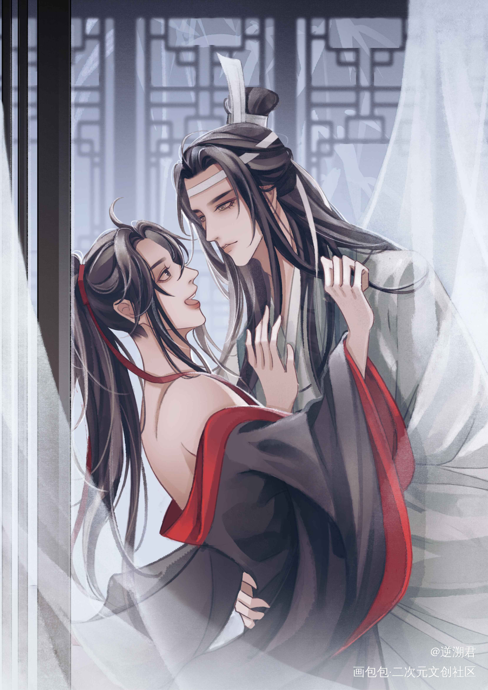 贴贴~_魔道祖师忘羡蓝忘机魏无羡古风绘画作品