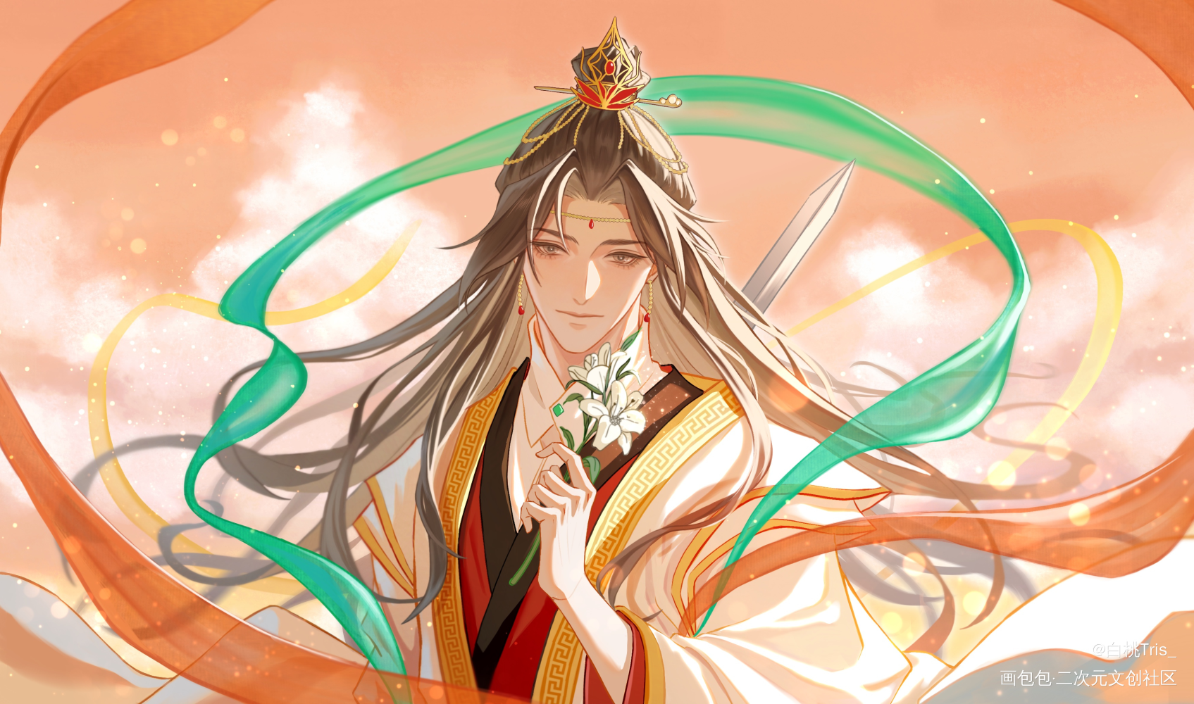 拈花执剑，太子悦神_天官赐福谢怜绘画作品
