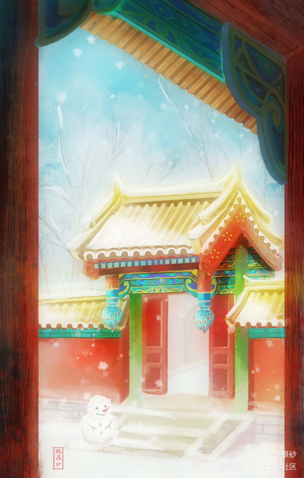 垂花门小雪人_古风雪景场景插画故宫绘画作品