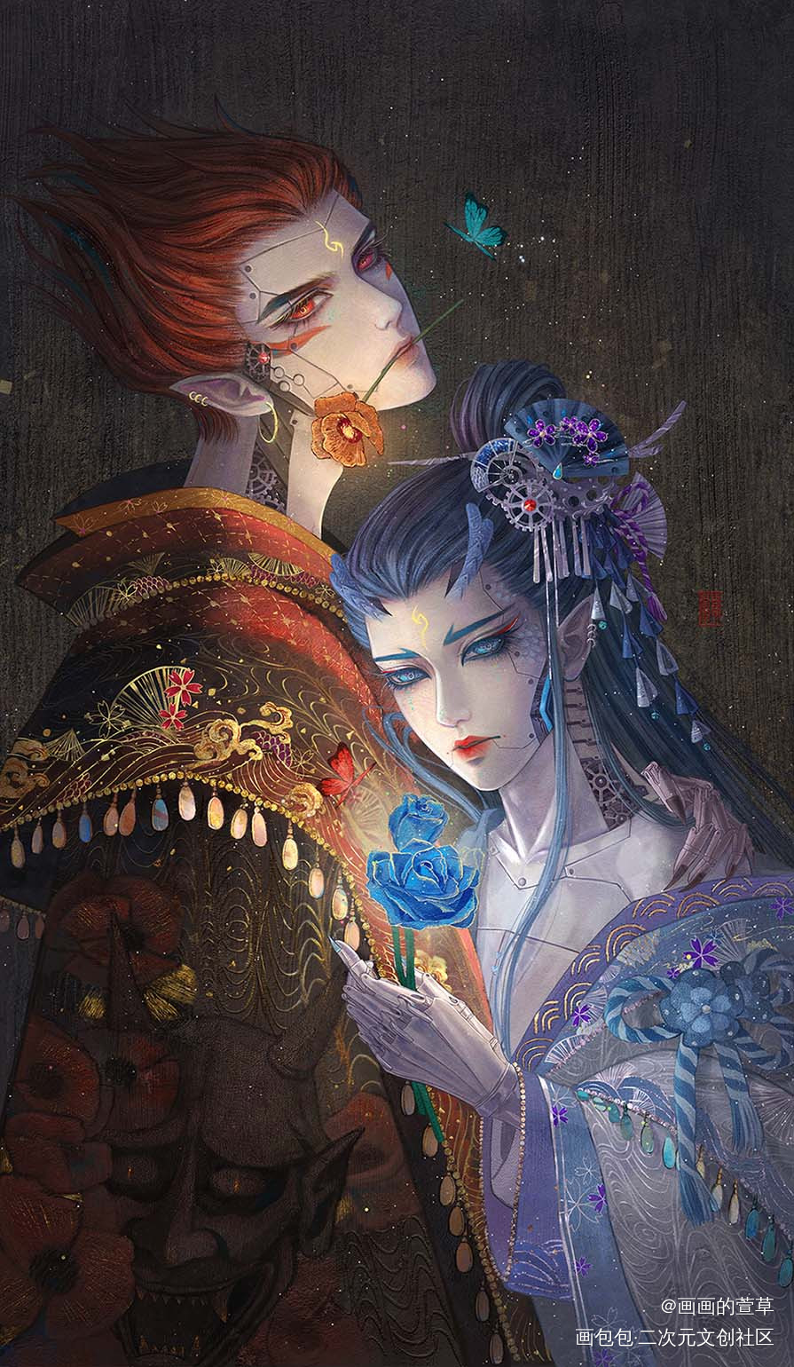 机械版中国风藕饼_哪吒之魔童降世藕饼哪吒，敖丙摸鱼页古风绘画作品