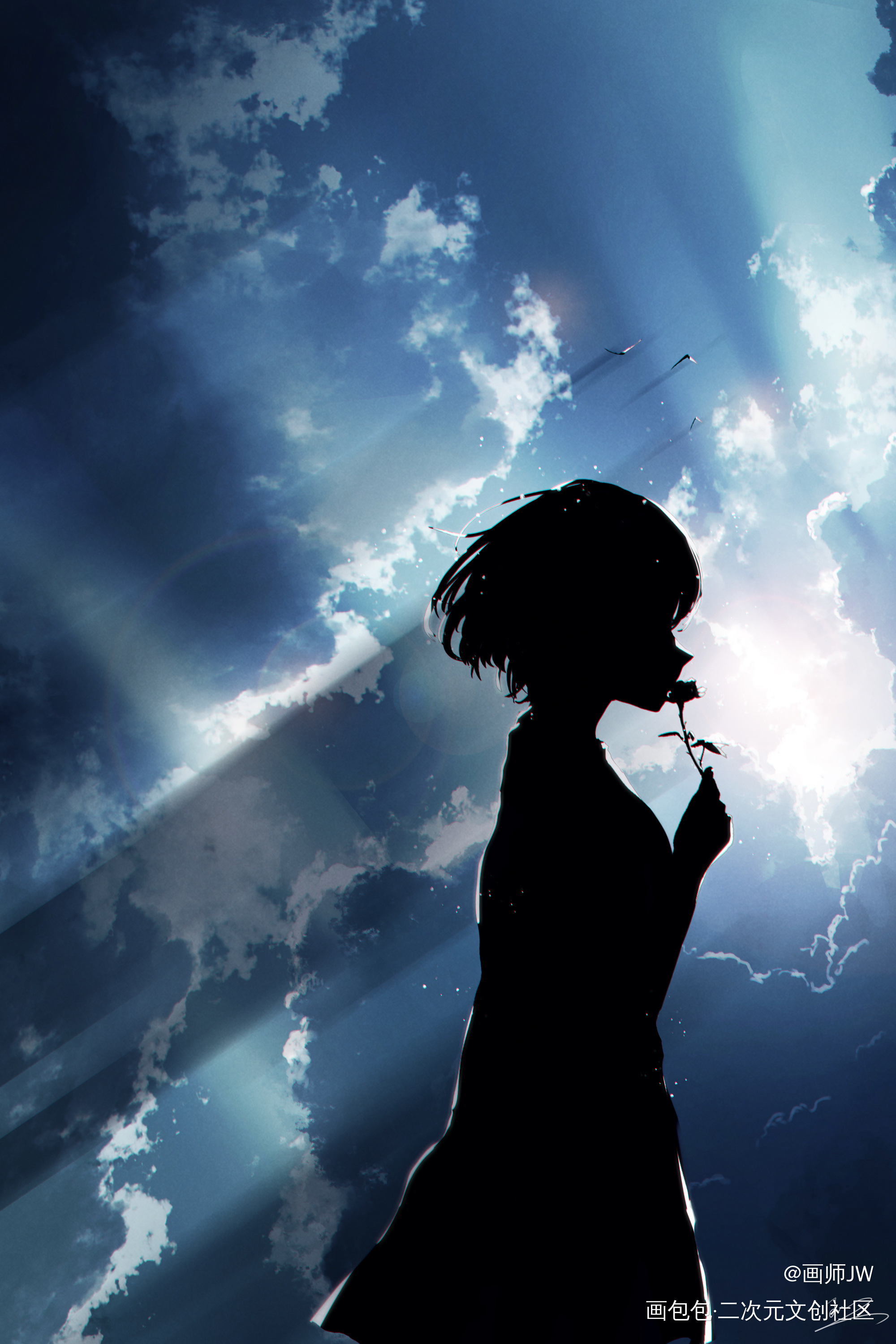 你是温暖，逆光而来。_手绘厚涂日系插画孤寂少女风景板绘插画壁纸绘画原创绘画作品