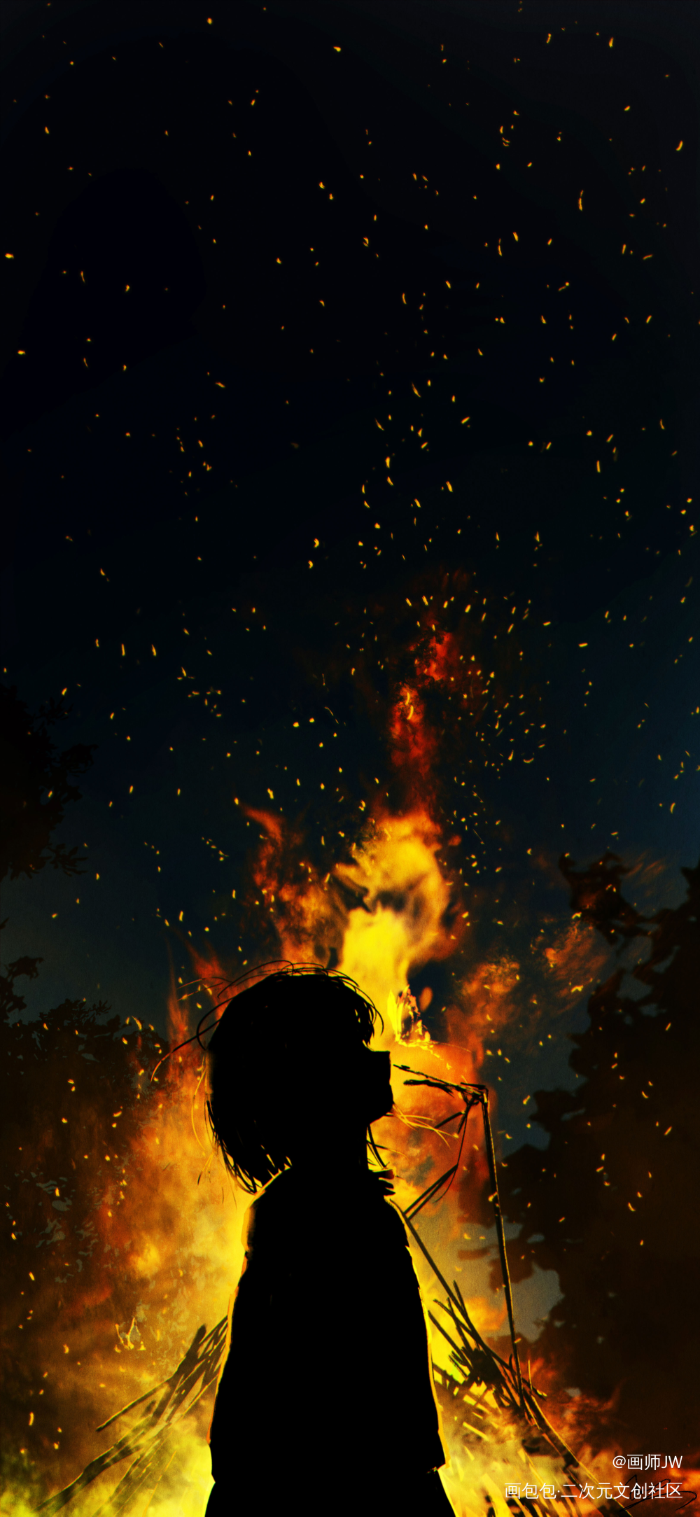 星星之火_手绘厚涂日系插画孤寂少女风景板绘插画壁纸绘画原创绘画作品