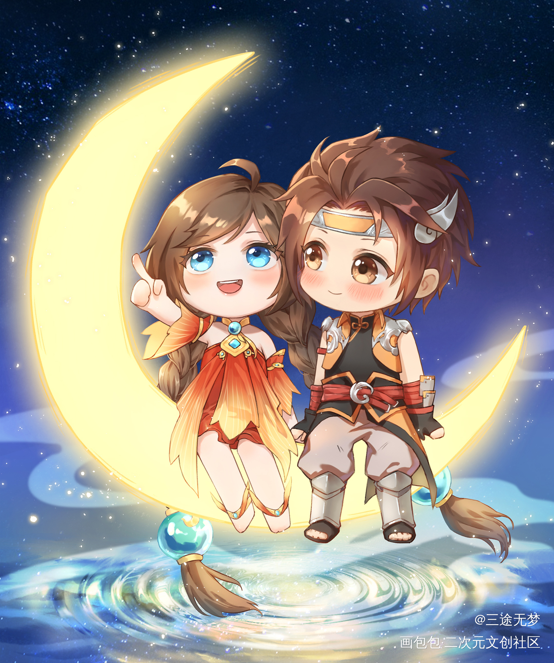 策乔|今晚的月色真美_王者荣耀孙策大乔Q版壁纸绘画绘画作品