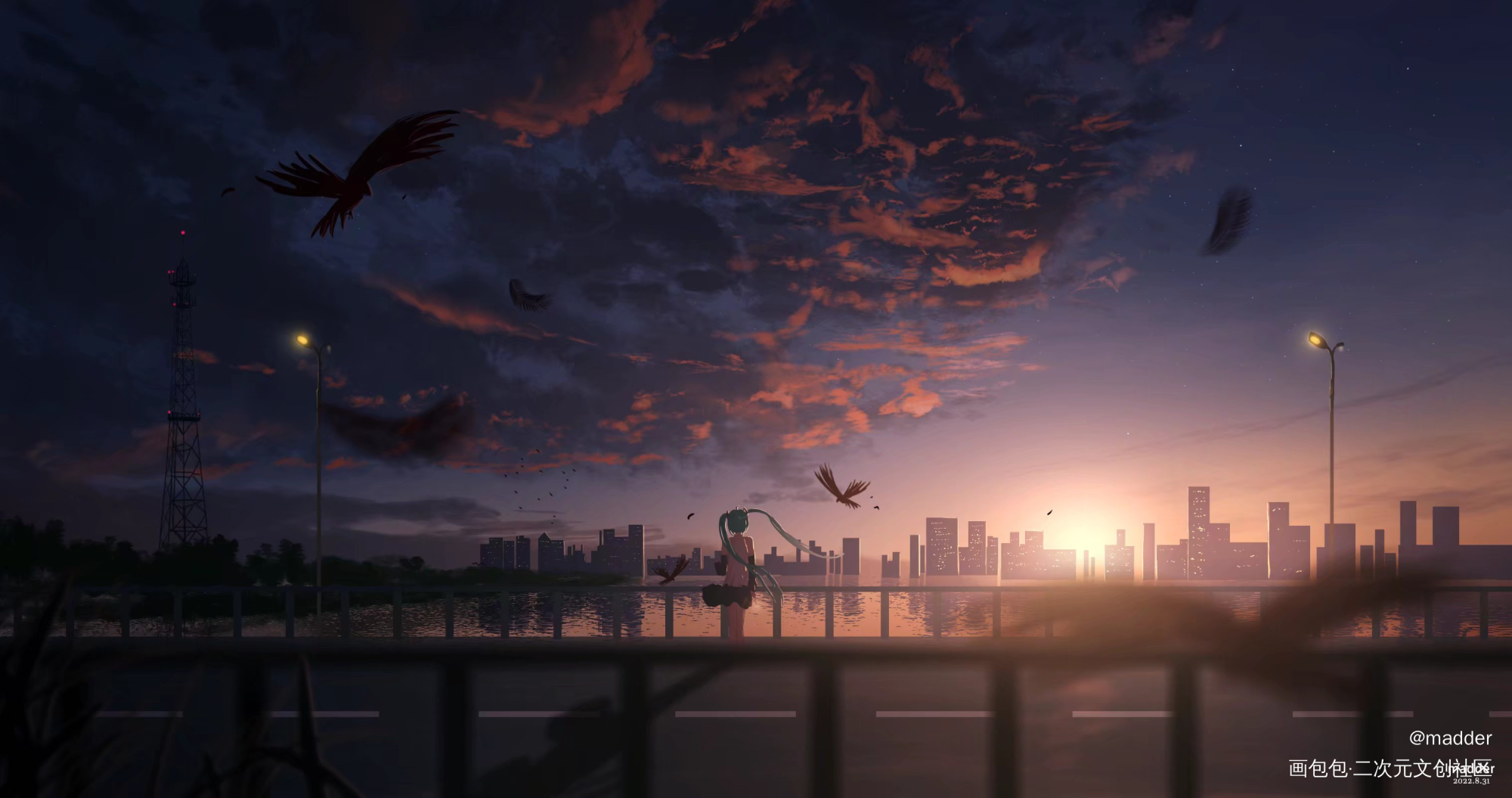 葱葱，生日快乐！_初音厚涂日系云场景板绘绘画作品