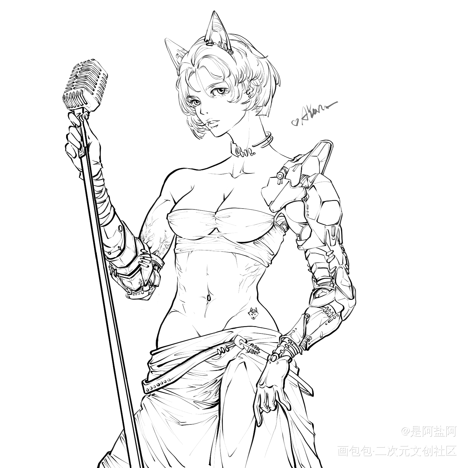 赛博歌姬01_黑白简笔摸鱼页摸鱼板绘绘画绘画作品