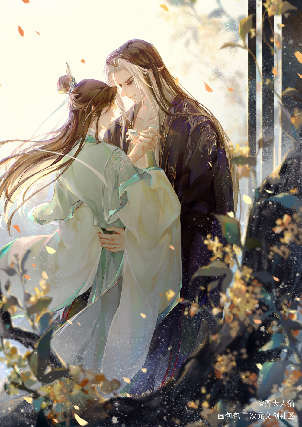 宴沈 | 花前对饮_山河剑心千秋晏沈沈峤晏无师古风平涂日系插画同人绘画作品