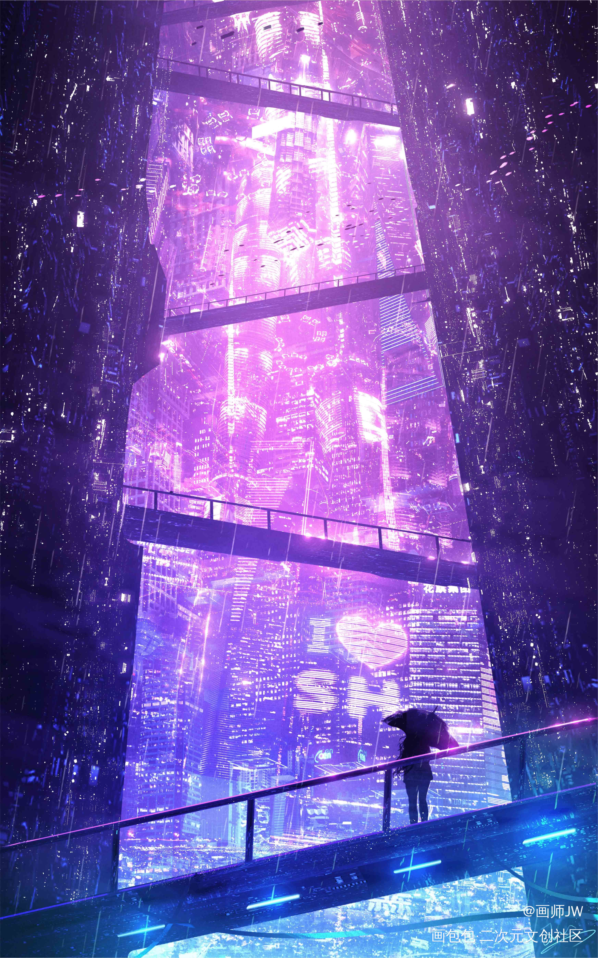 光影城堡_科幻手绘厚涂赛博朋克插画风景板绘插画壁纸绘画原创绘画作品