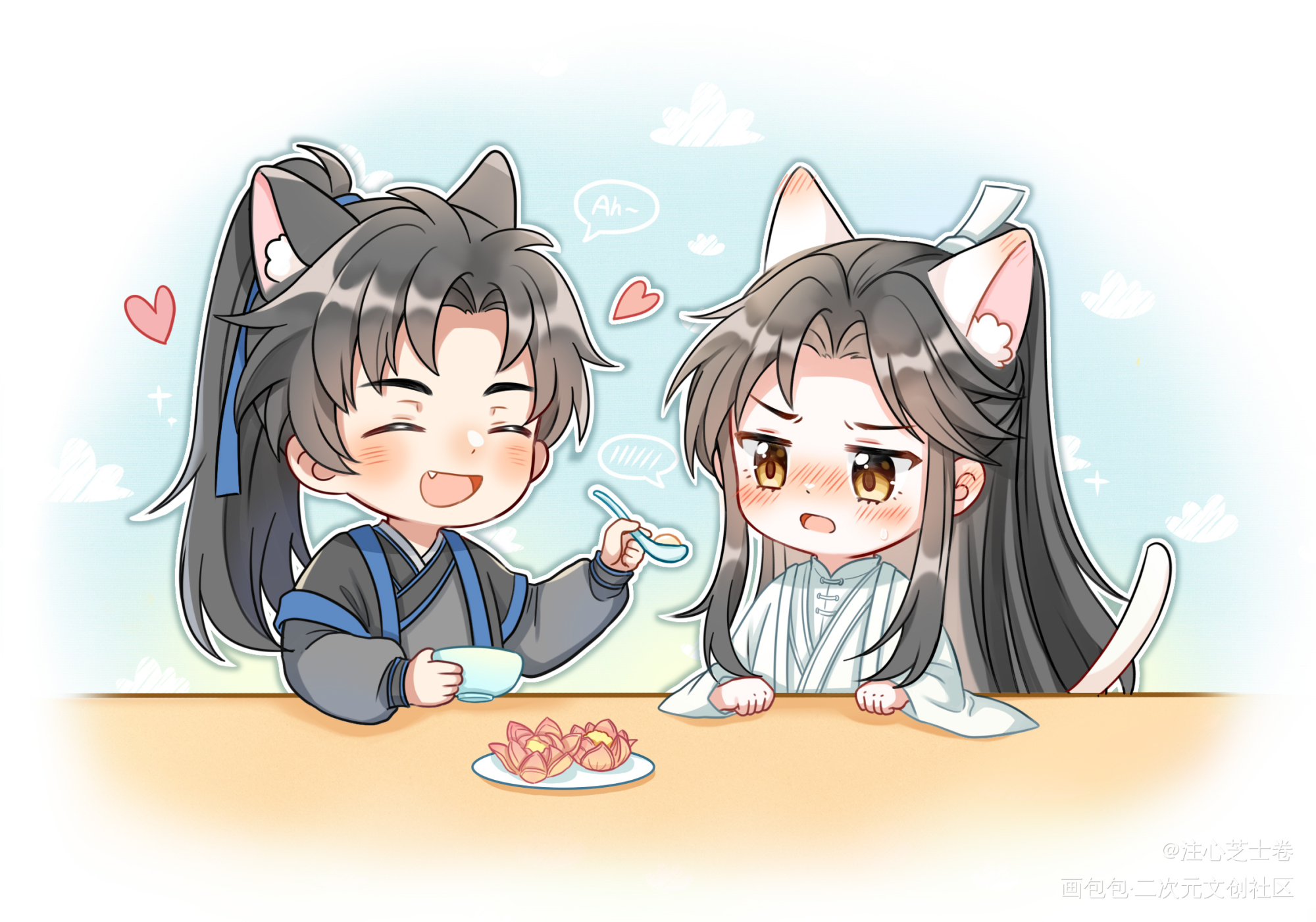 喂猫_二哈和他的白猫师尊燃晚墨燃楚晚宁Q版绘画作品