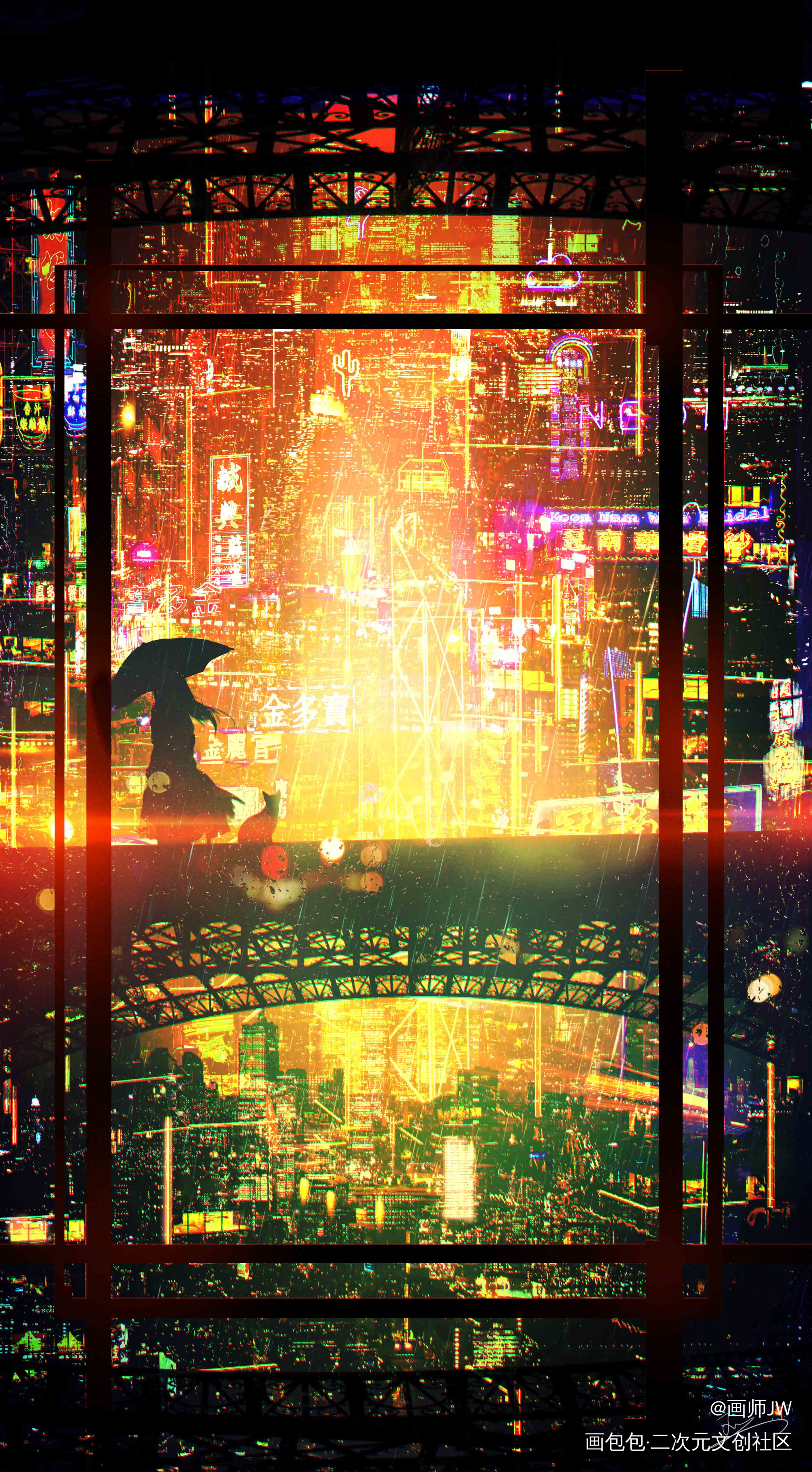迷失在光的世界_手绘厚涂赛博朋克插画孤寂少女风景板绘插画壁纸绘画原创绘画作品