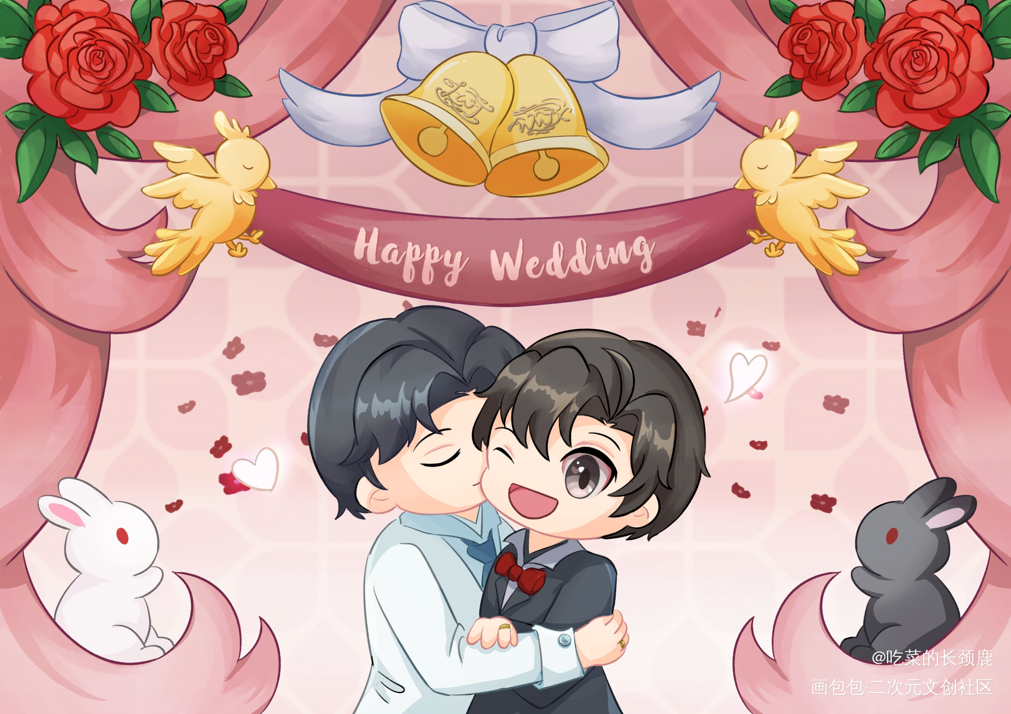 忘羡现代婚礼_魔道祖师忘羡蓝忘机魏无羡蓝忘机魏无羡平涂Q版墨香铜臭绘画作品