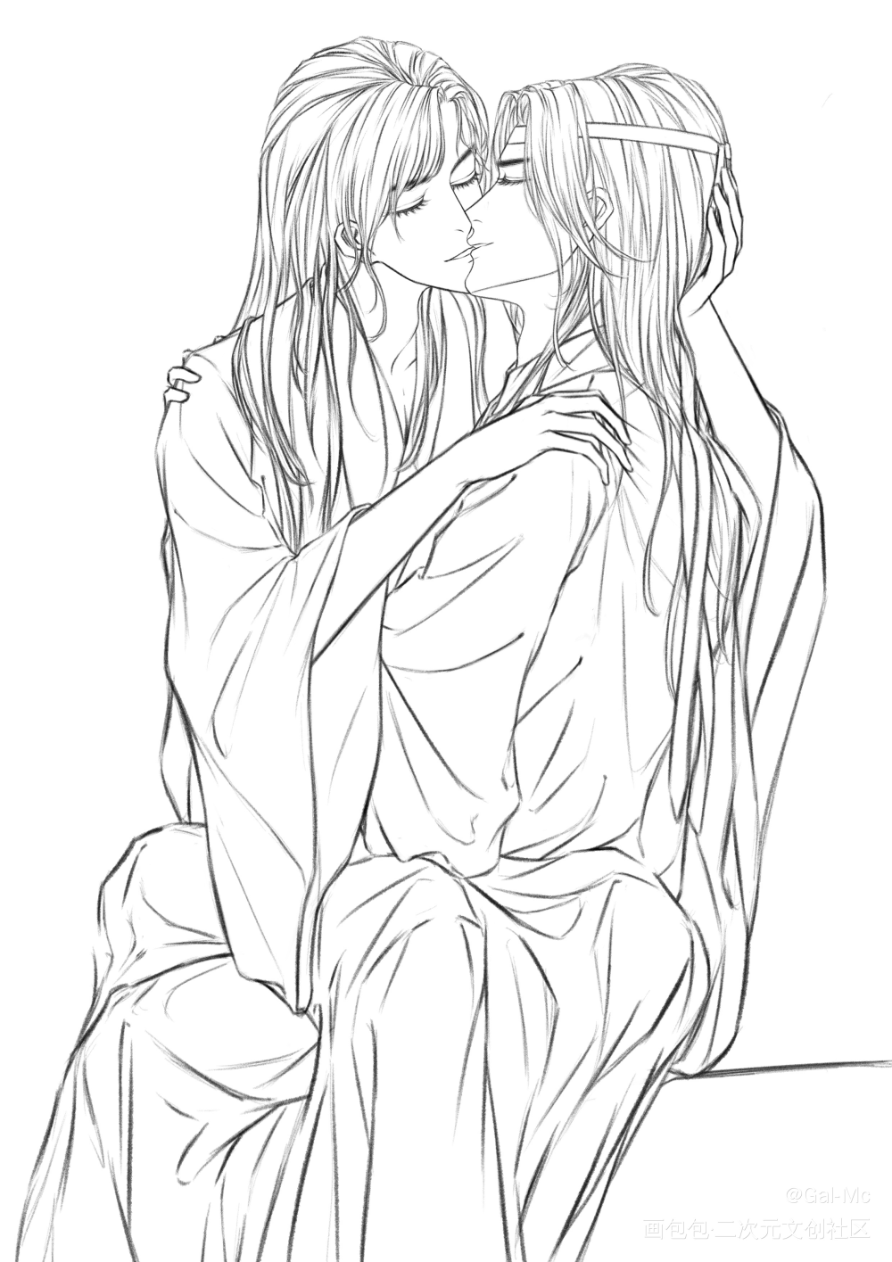 小情侣就要贴贴～_魔道祖师忘羡蓝忘机魏无羡黑白简笔绘画作品