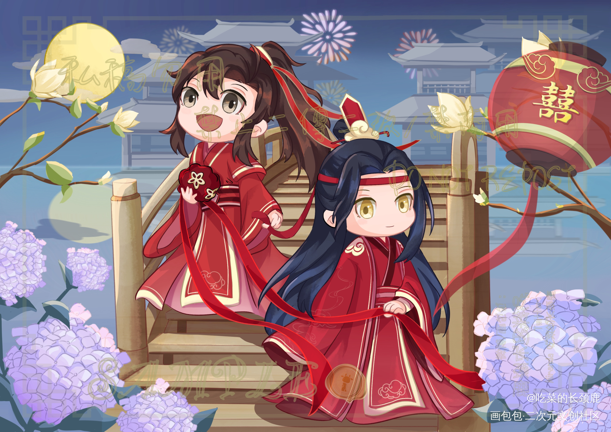 【稿子】忘羡大婚_魔道祖师忘羡蓝忘机魏无羡蓝忘机魏无羡平涂Q版墨香铜臭绘画作品