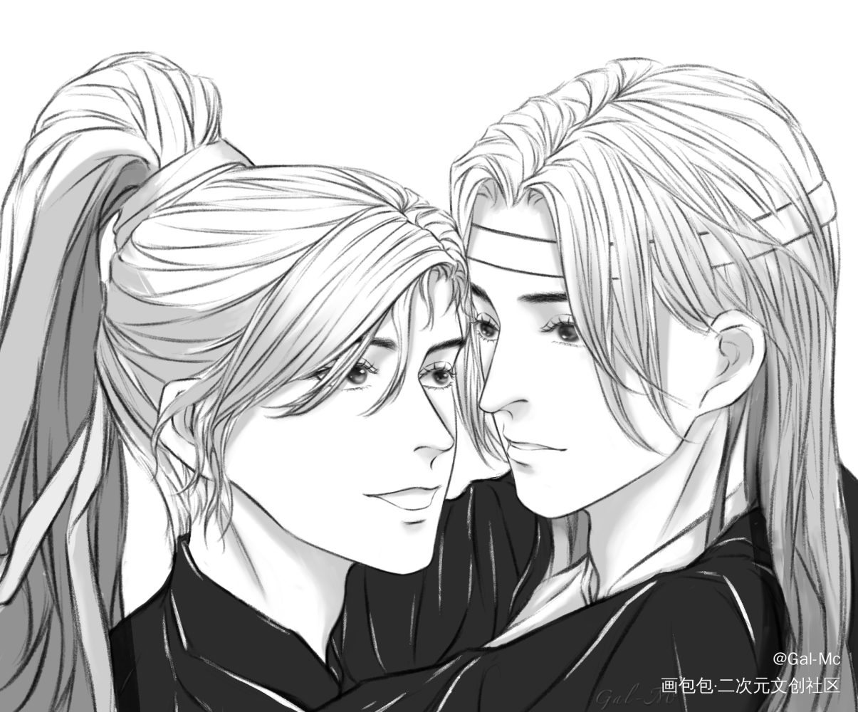 贴贴_魔道祖师忘羡蓝忘机魏无羡黑白简笔绘画作品