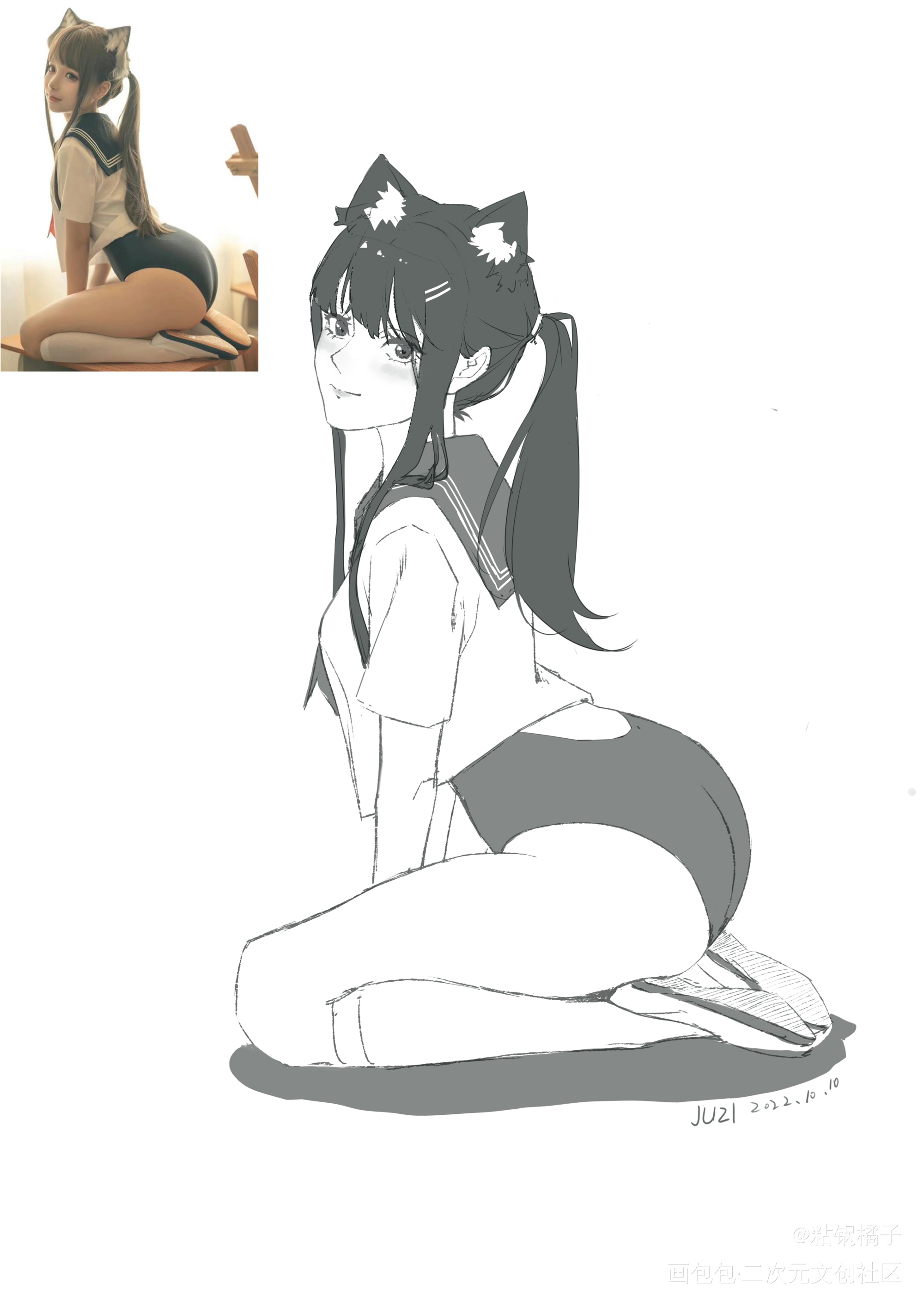练习_平涂日系少女摸鱼二次元绘画绘画作品