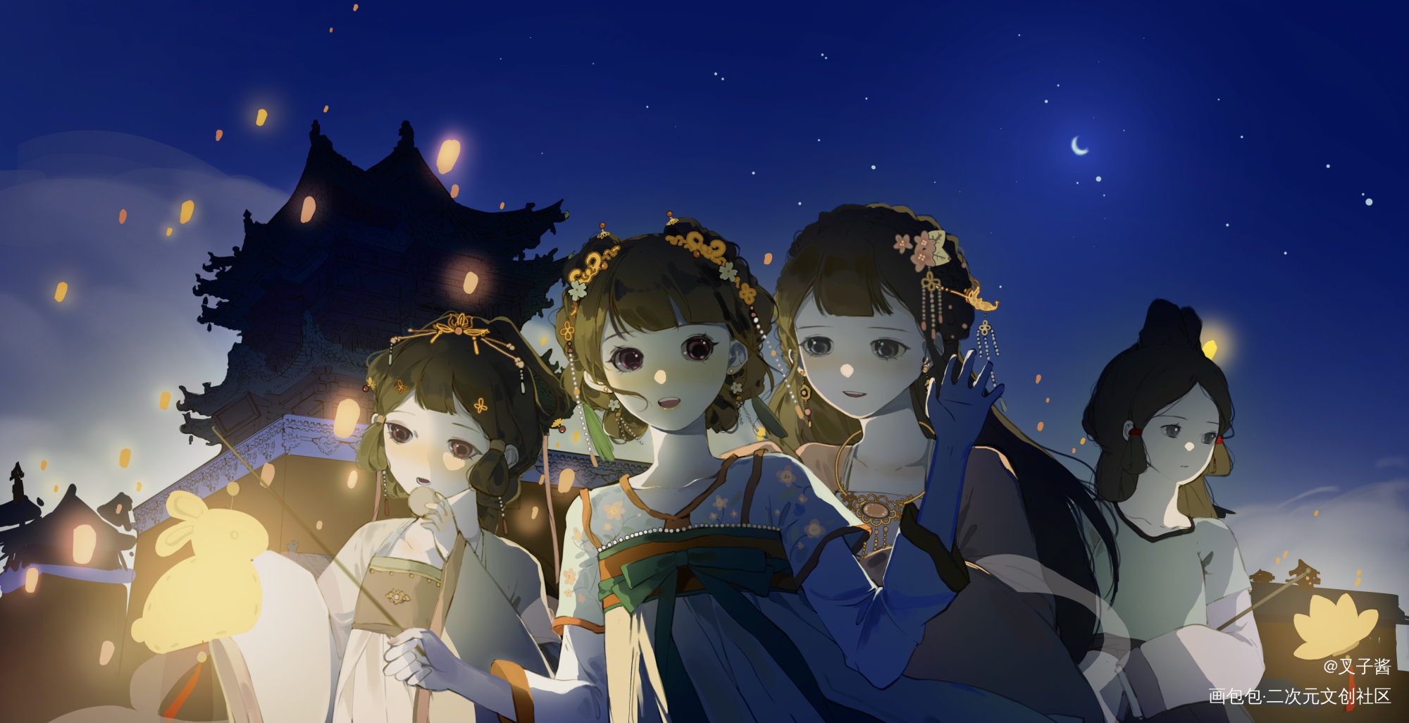 灯会_古风平涂日系绘画作品