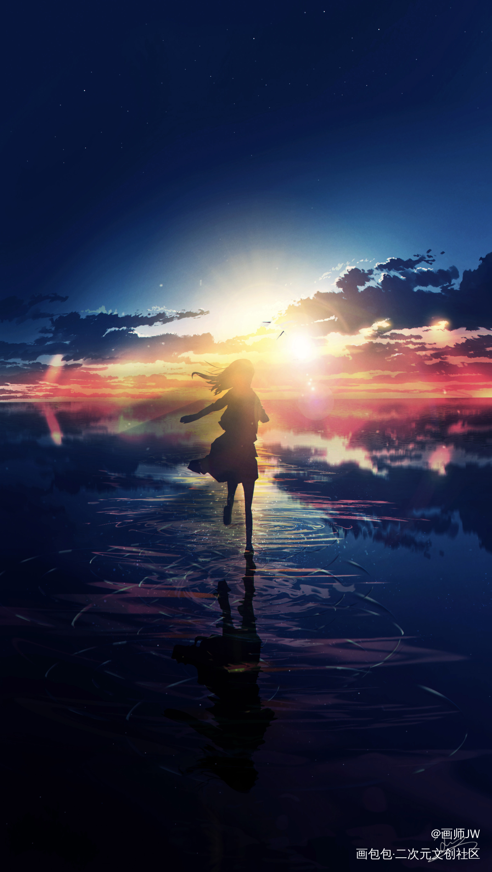 踏光向梦_手绘厚涂日系插画孤寂少女风景板绘插画壁纸绘画原创绘画作品