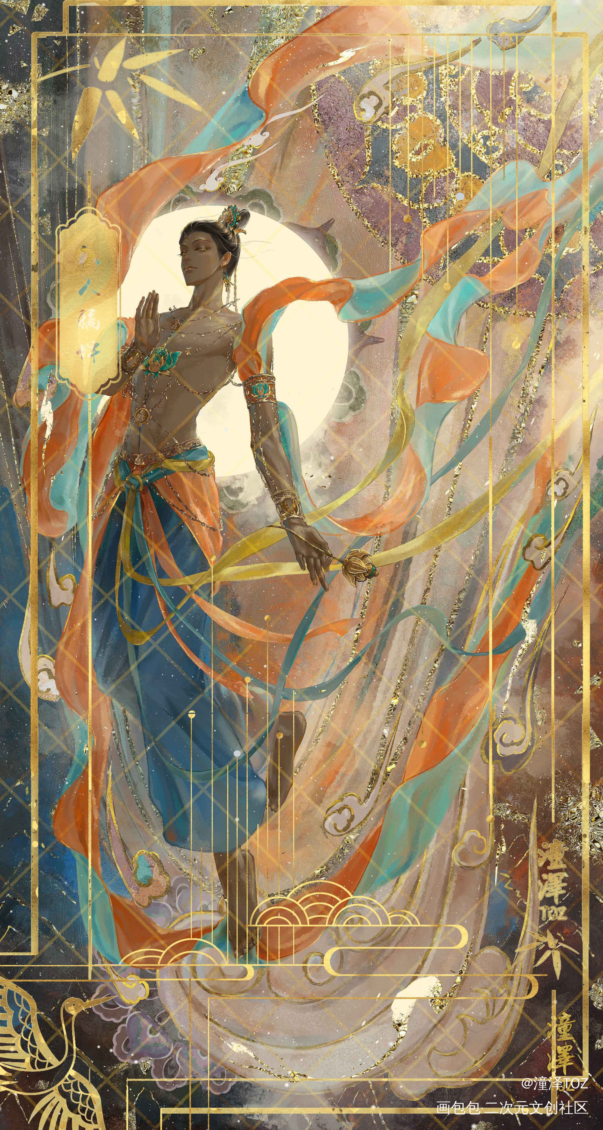 “手拈金玉莲，瀚海显飞仙。”_飞天敦煌国风男飞天敦煌壁画古风插画绘画作品