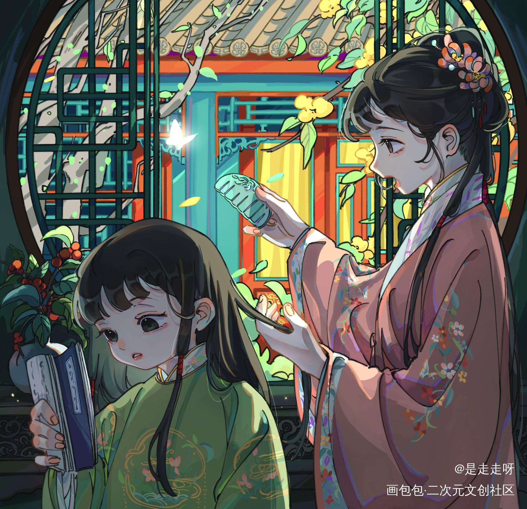 梳妆_红楼梦林黛玉板绘涂古风平涂薛宝钗绘画作品