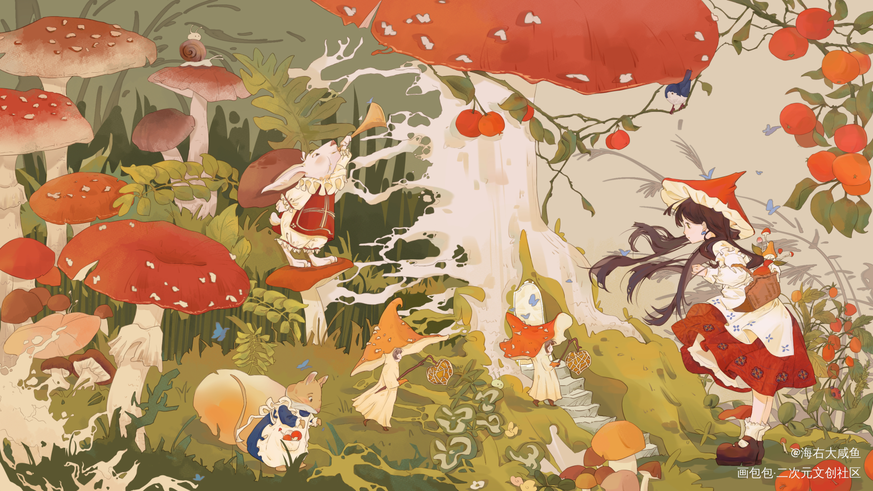 采菌_童话风少女插画壁纸板绘绘画原创绘画作品