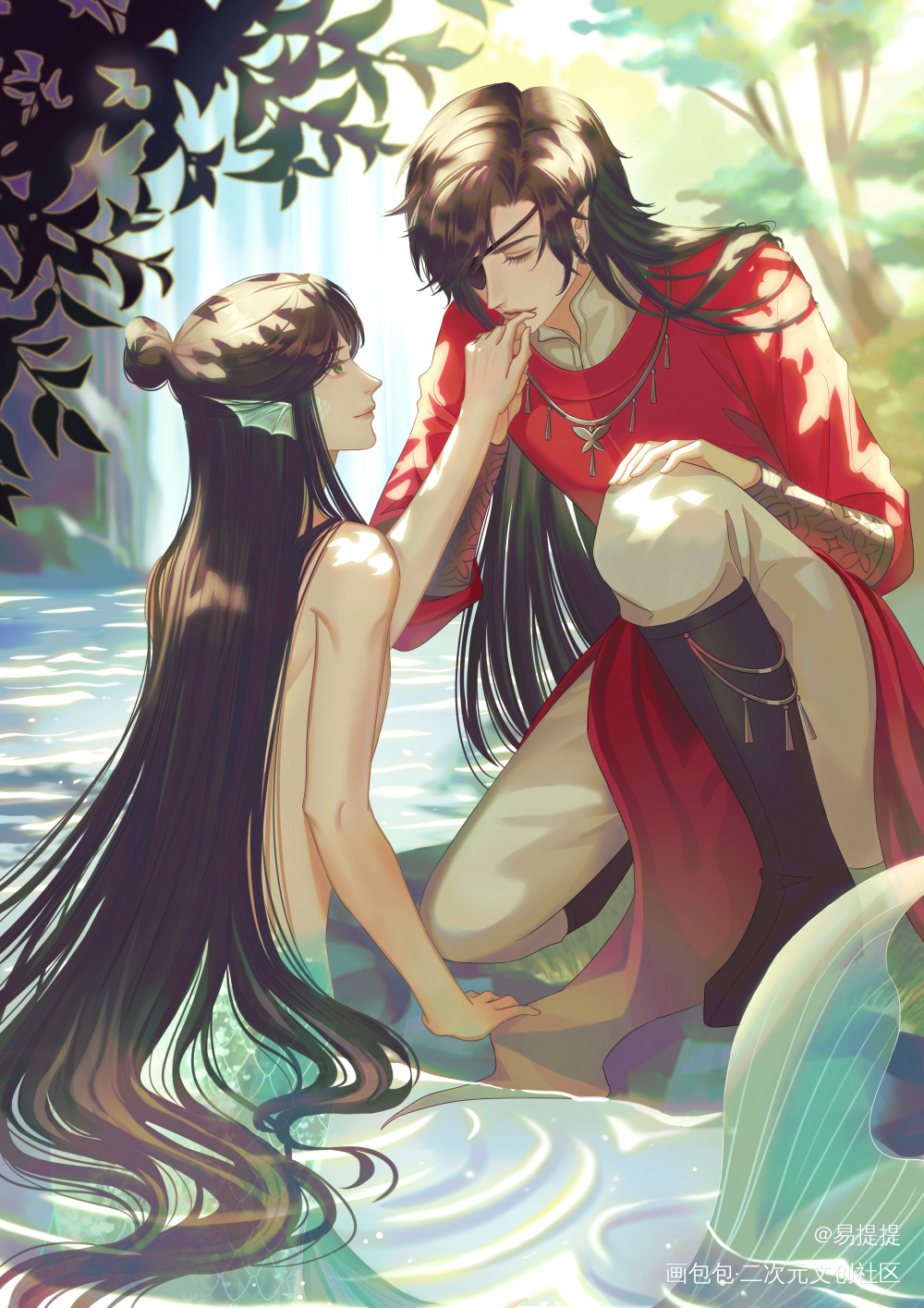 人鱼怜怜和花花在湖边相遇_天官赐福花怜绘画作品