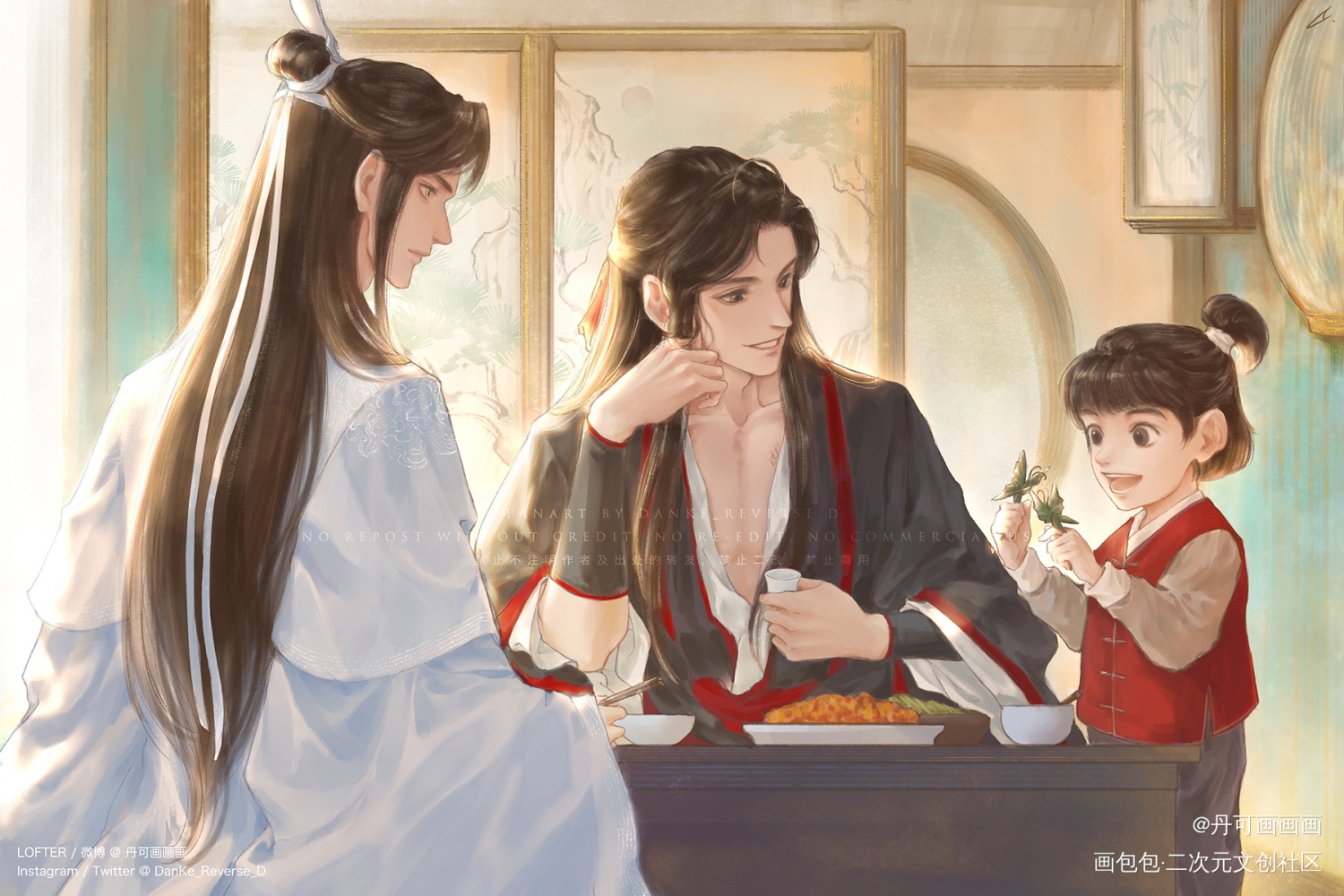 阳光灿烂一家三口～_魔道祖师忘羡蓝思追蓝忘机魏无羡绘画作品