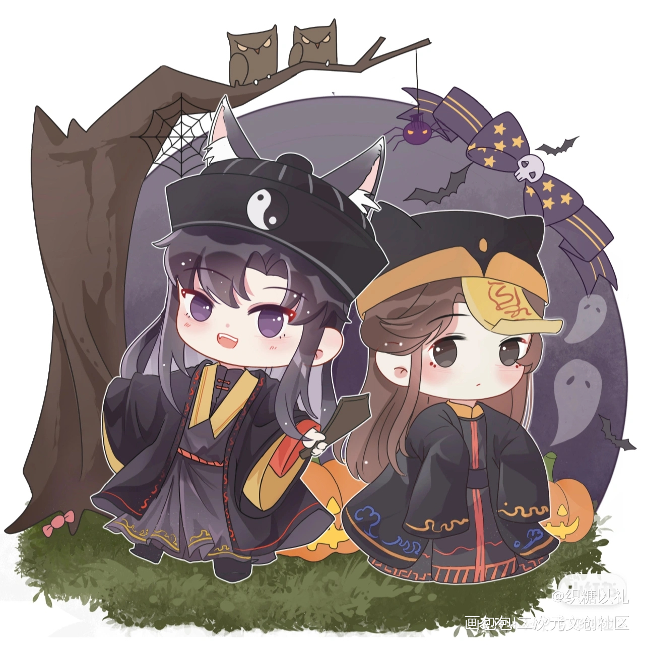 道士燃×小僵尸宁_二哈和他的白猫师尊燃晚墨燃楚晚宁楚晚宁墨燃墨燃Q版绘画作品
