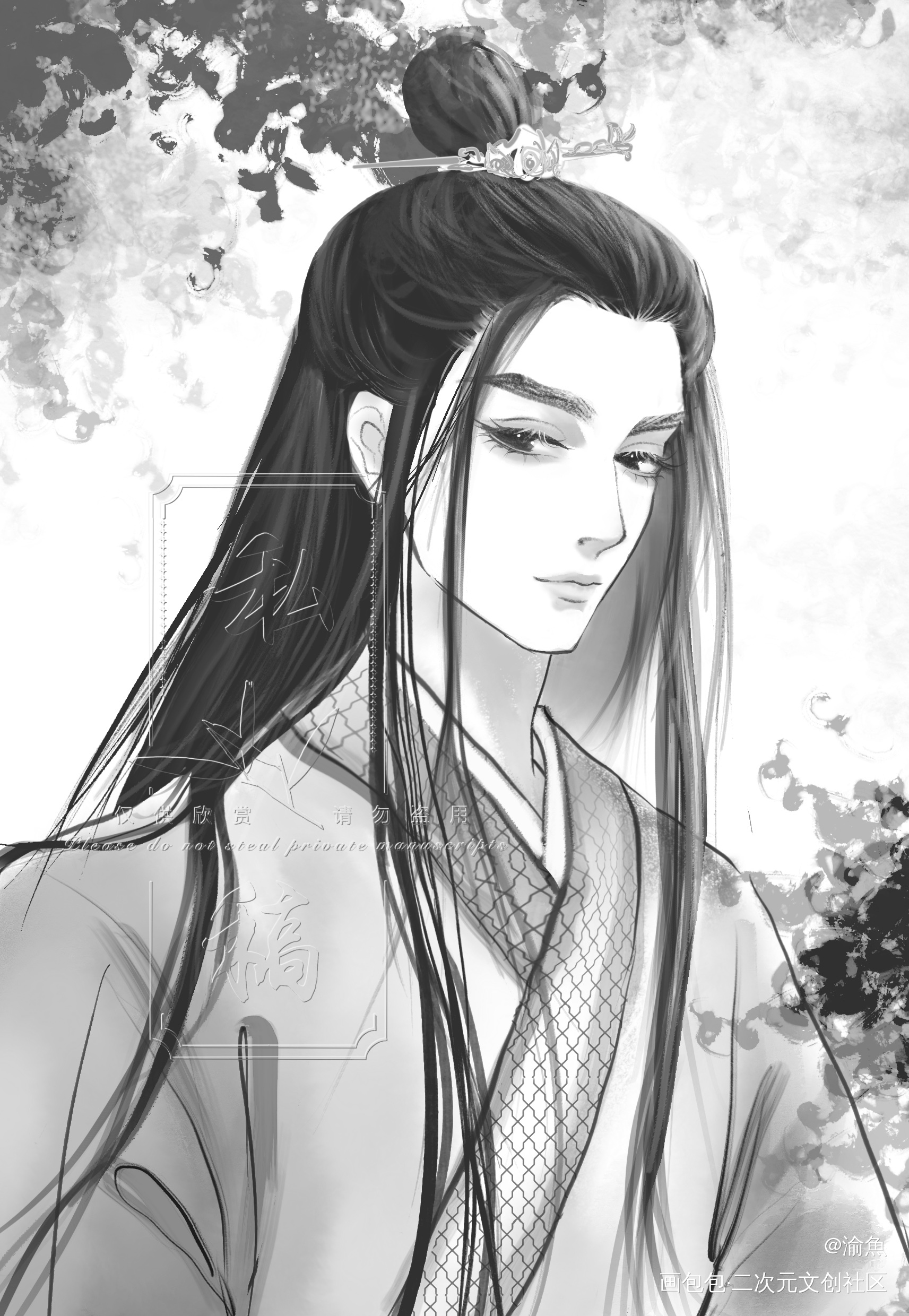 黑白稿_水墨古风半厚涂古风插画付费委托绘画绘画作品