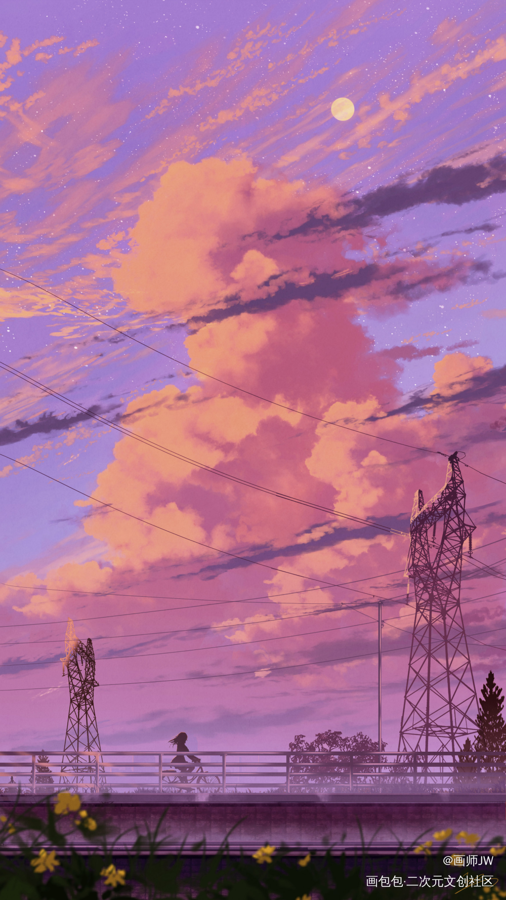 晚风如你_手绘厚涂日系插画孤寂少女风景板绘插画壁纸绘画原创绘画作品