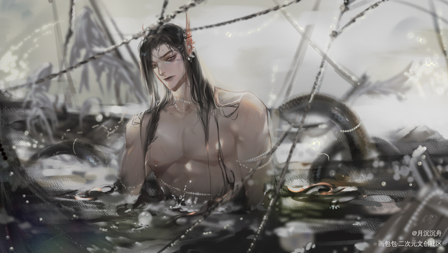 天官赐福 黑水鱼鱼_天官赐福双玄板绘涂绘画作品
