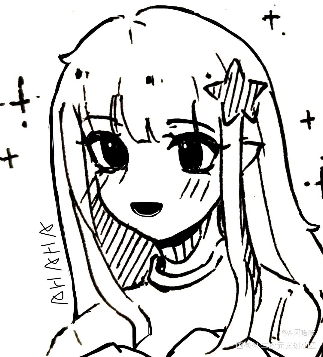 呜哇！！(･∀･)✨_凹凸世界凯莉黑白简笔绘画作品