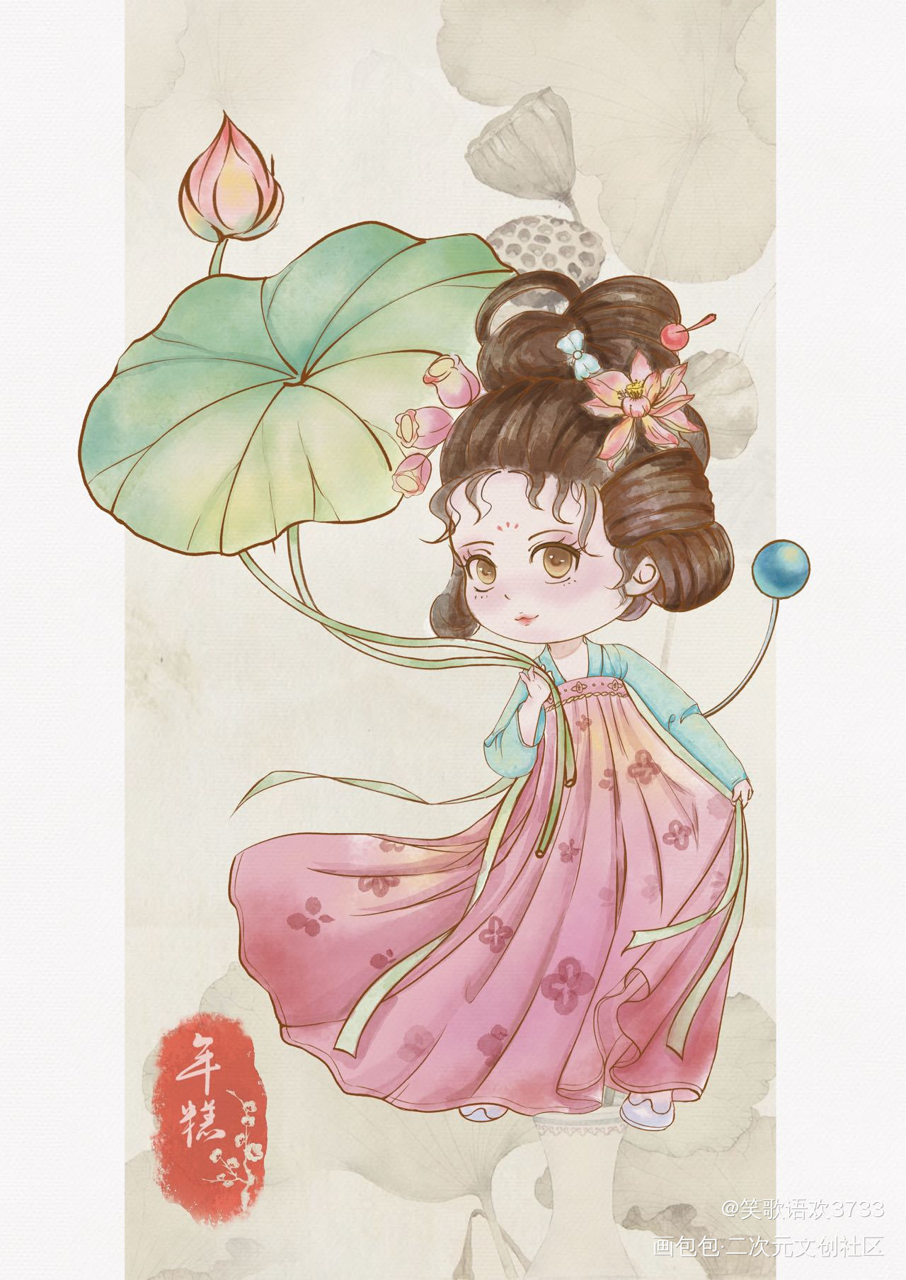 【二哈】年糕精拟人_二哈和他的白猫师尊板绘涂水彩绘画作品