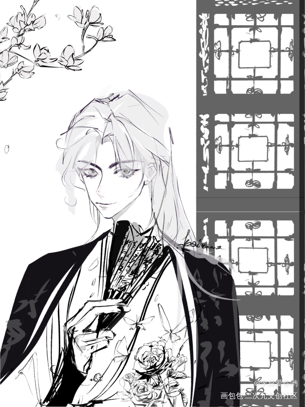 一元的稿～（很多参考！）_我只喜欢你的人设夏习清黑白简笔草图绘画作品