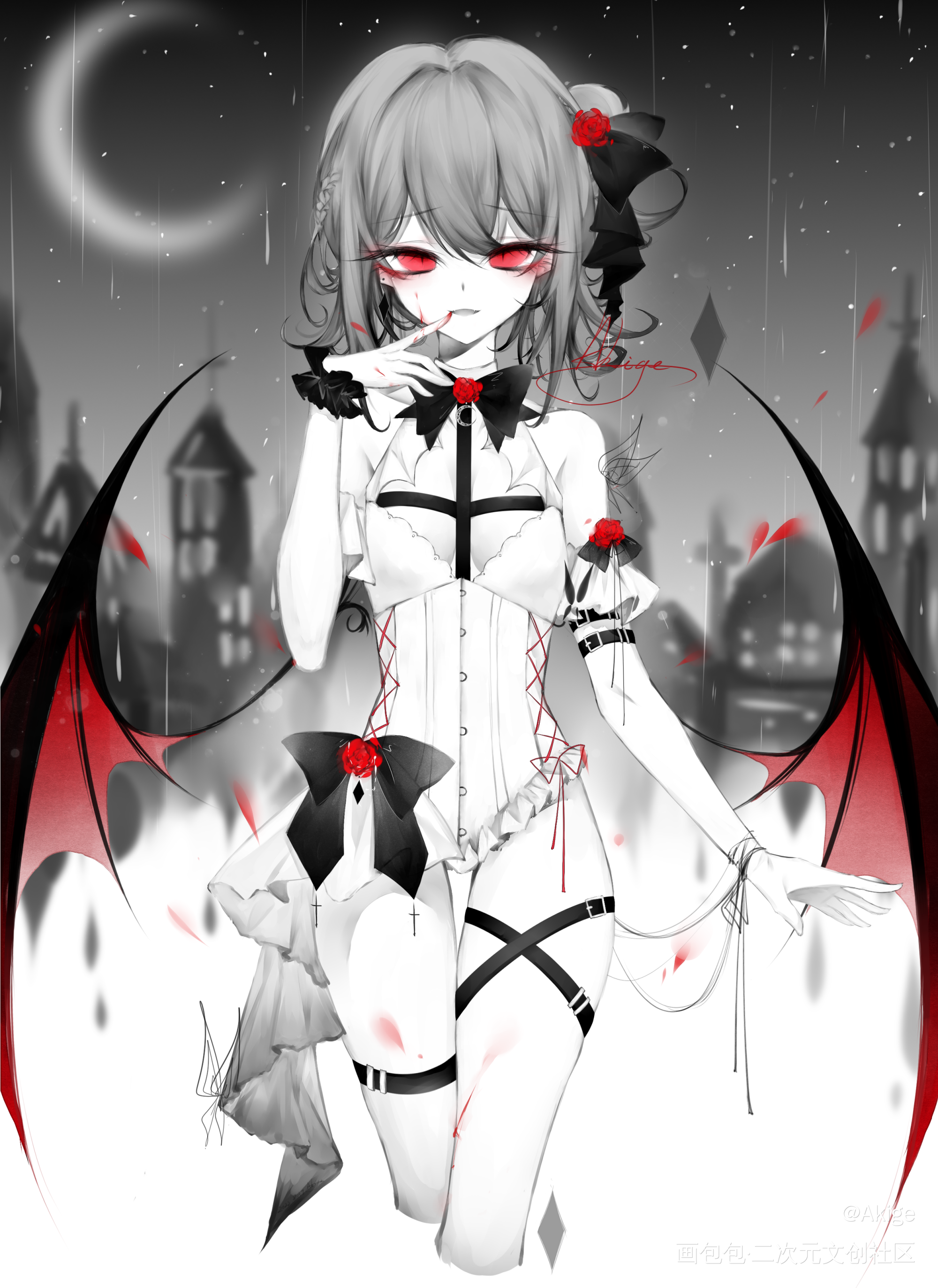 绯色梦境_东方project蕾米莉亚黑白少女板绘绘画作品