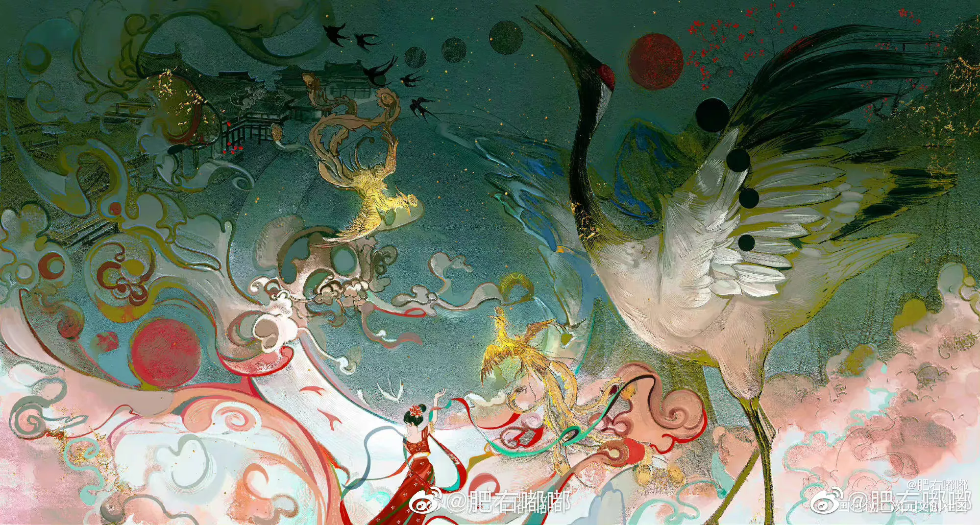 鹤_水墨古风水彩场景插画岩彩绘画绘画作品