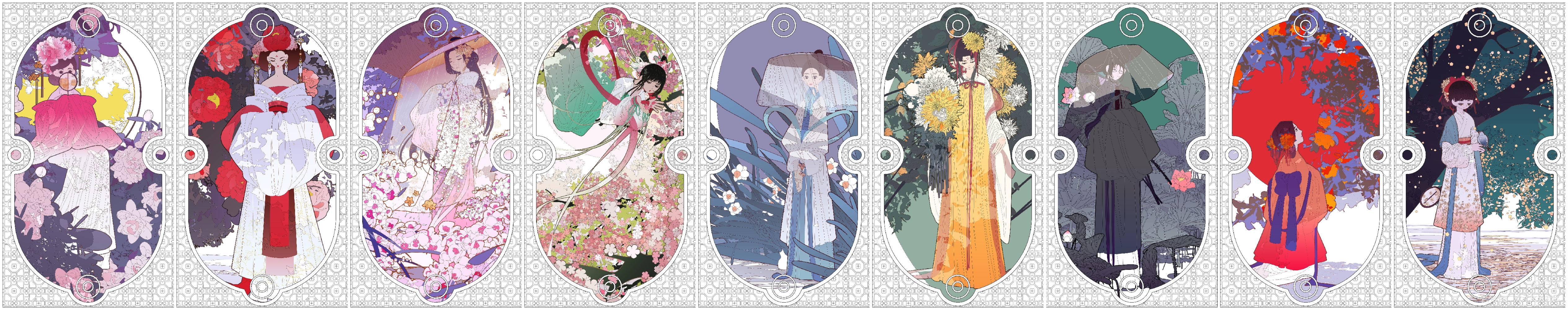 花色花神_矢量古风唯美卡牌场景插画十二花神绘画练习壁纸绘画绘画作品
