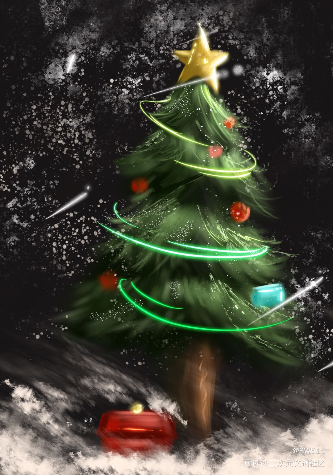 圣诞树🎄👻👻_板绘涂厚涂白菜价接稿约稿绘画作品