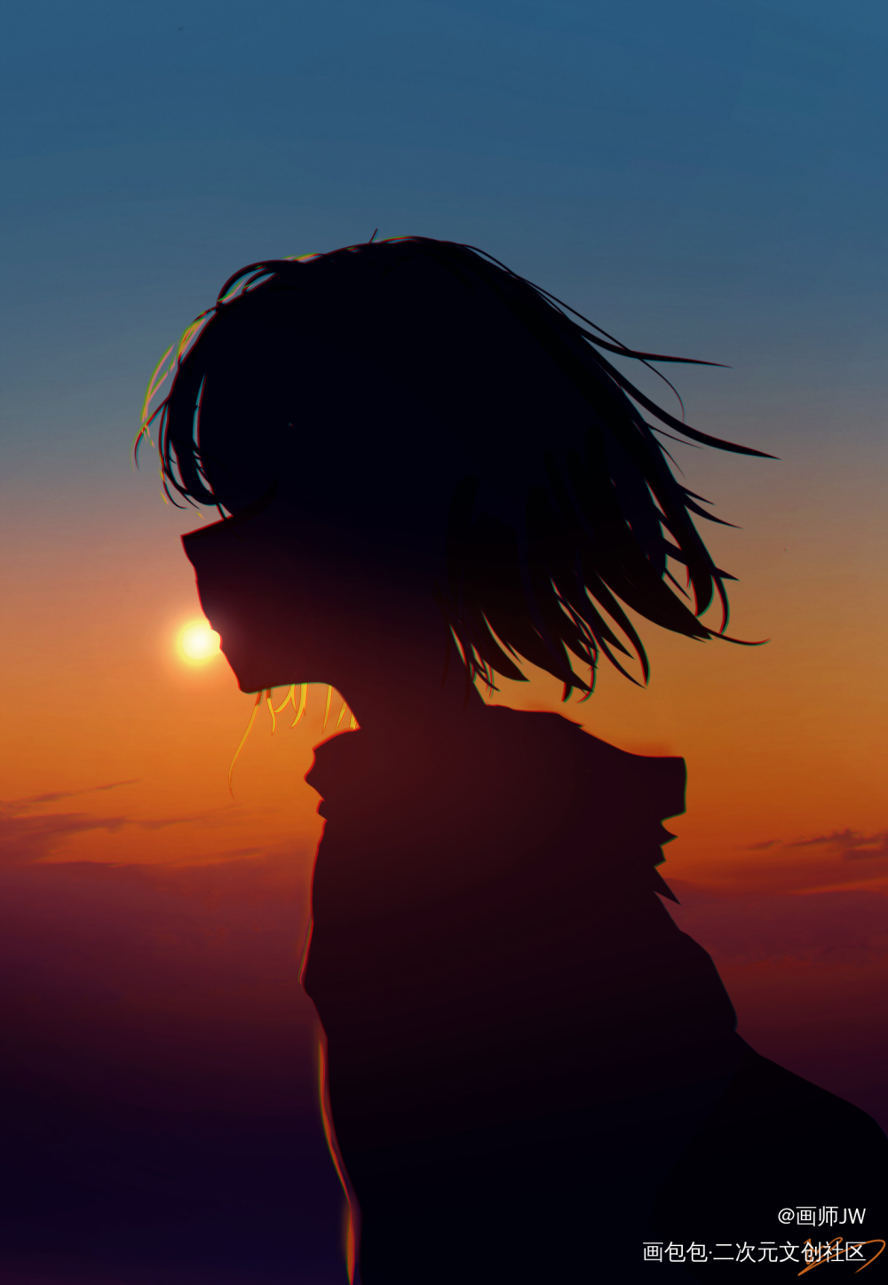 轻吻这日落_手绘厚涂日系插画孤寂少女风景板绘插画壁纸绘画原创绘画作品