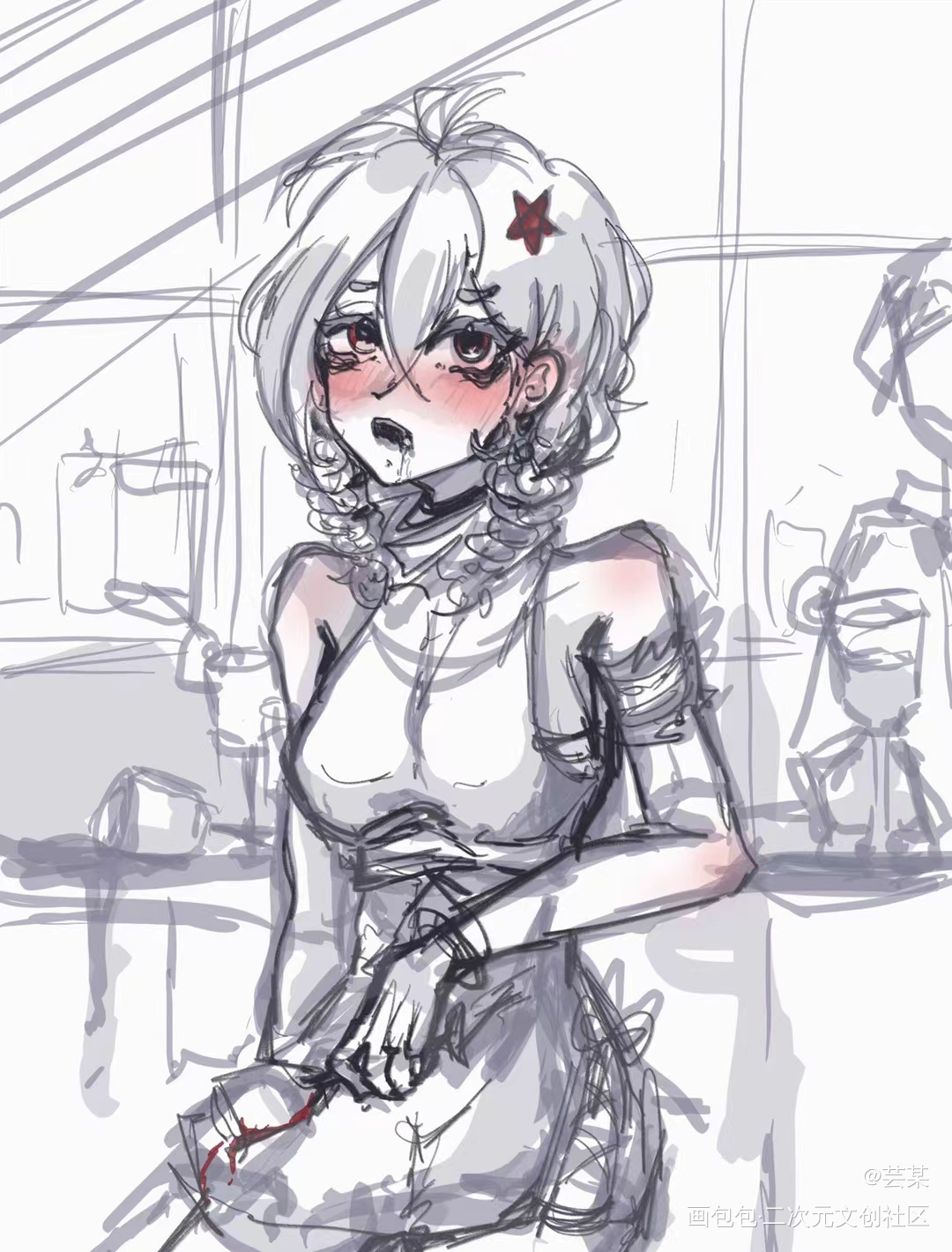 喝醉的小姐姐一枚鸭_黑白简笔摸鱼页绘画作品