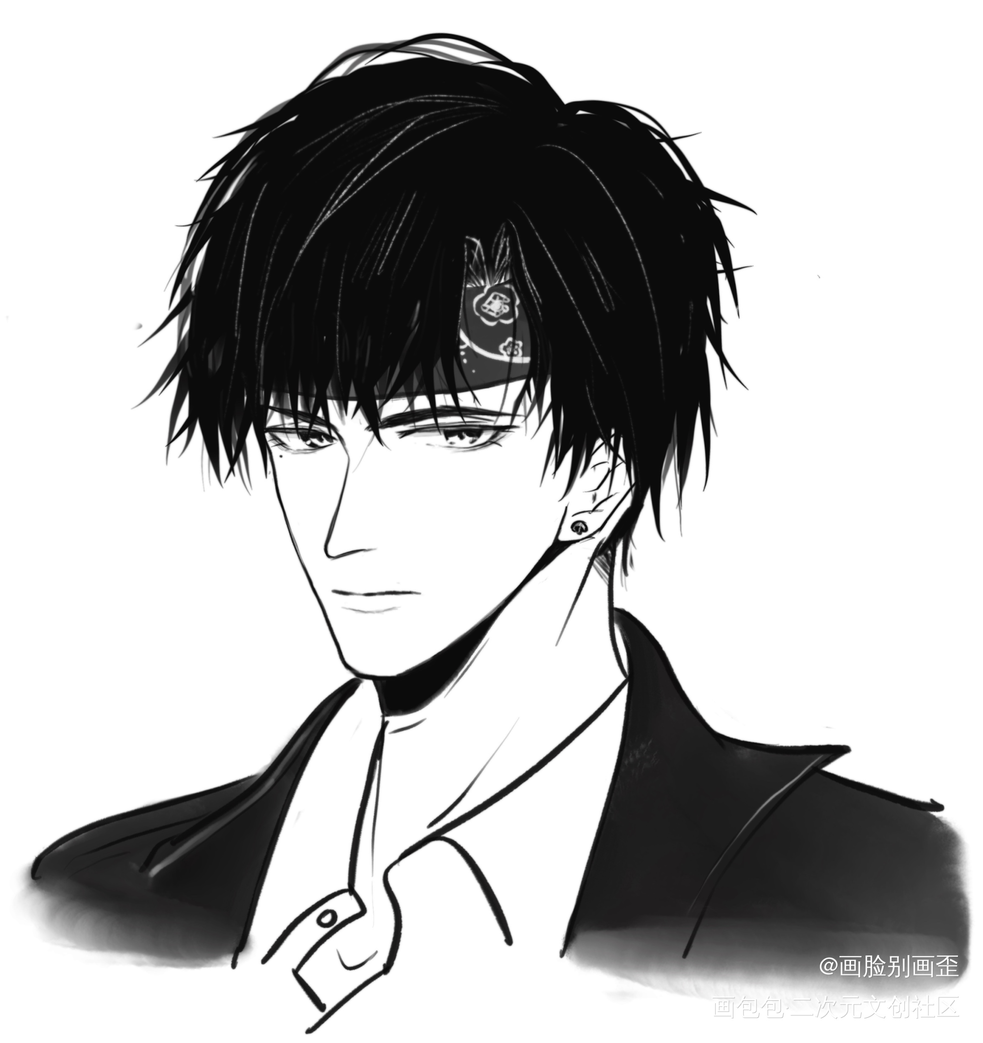 一个萧逸摸鱼_光与夜之恋萧逸黑白简笔绘画作品