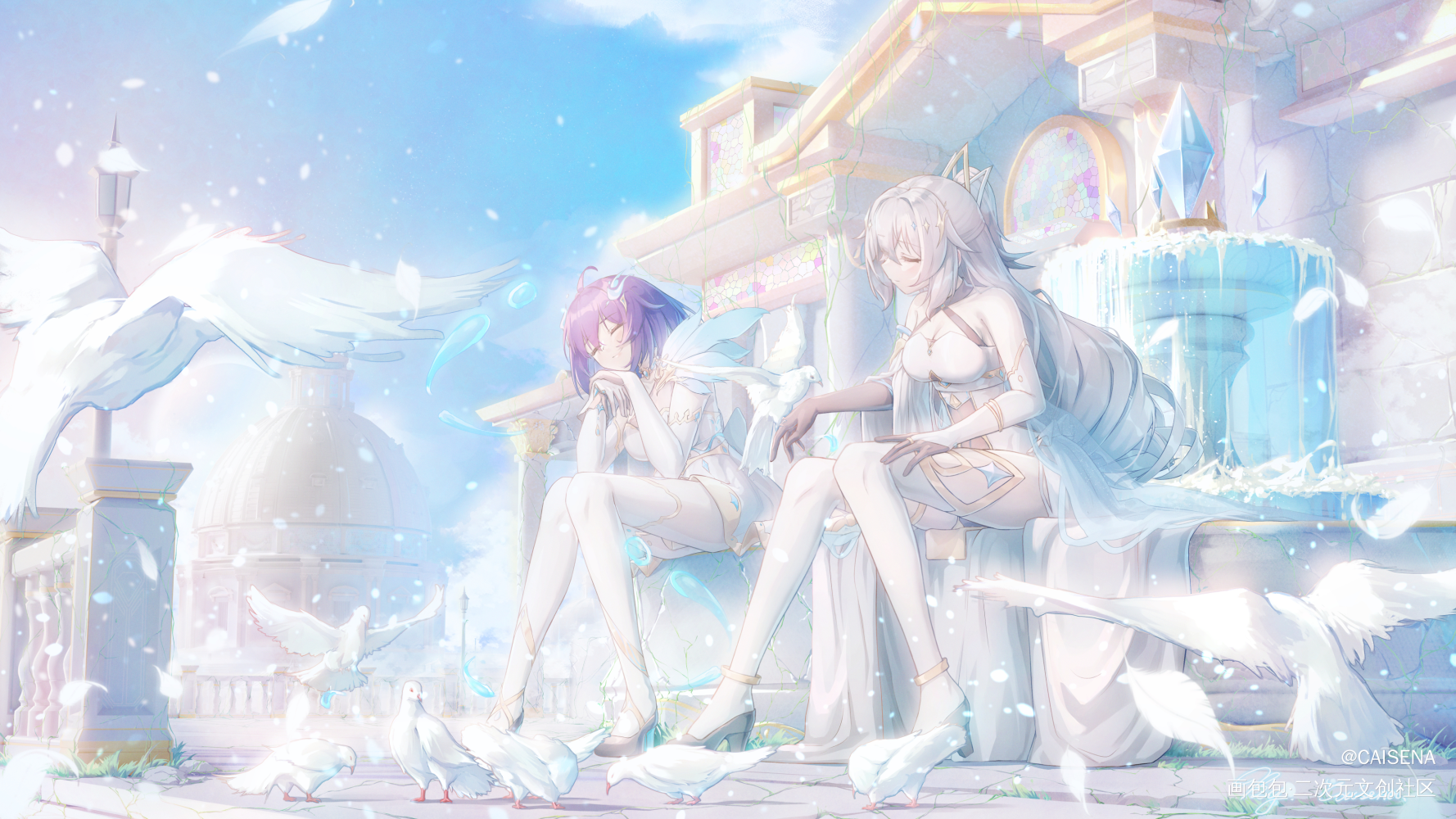 教堂前的约会_崩坏3布洛妮娅希儿日系绘画作品
