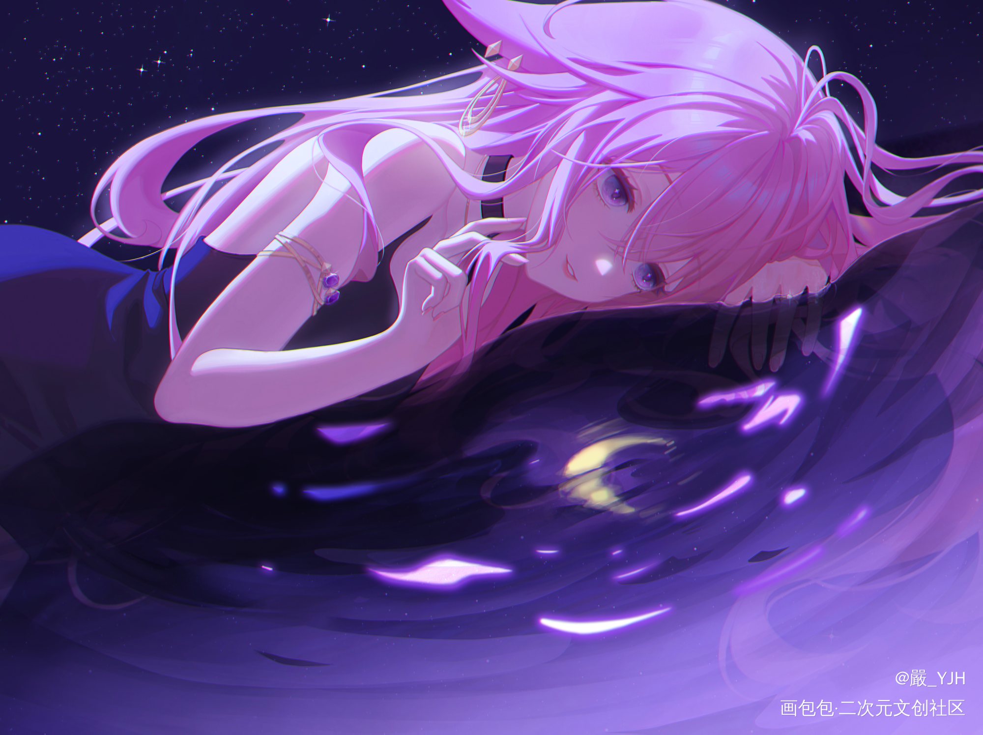 💜月色凄美啊～_原神日系氛围感插画同人八重神子画画摸鱼板绘绘画绘画作品