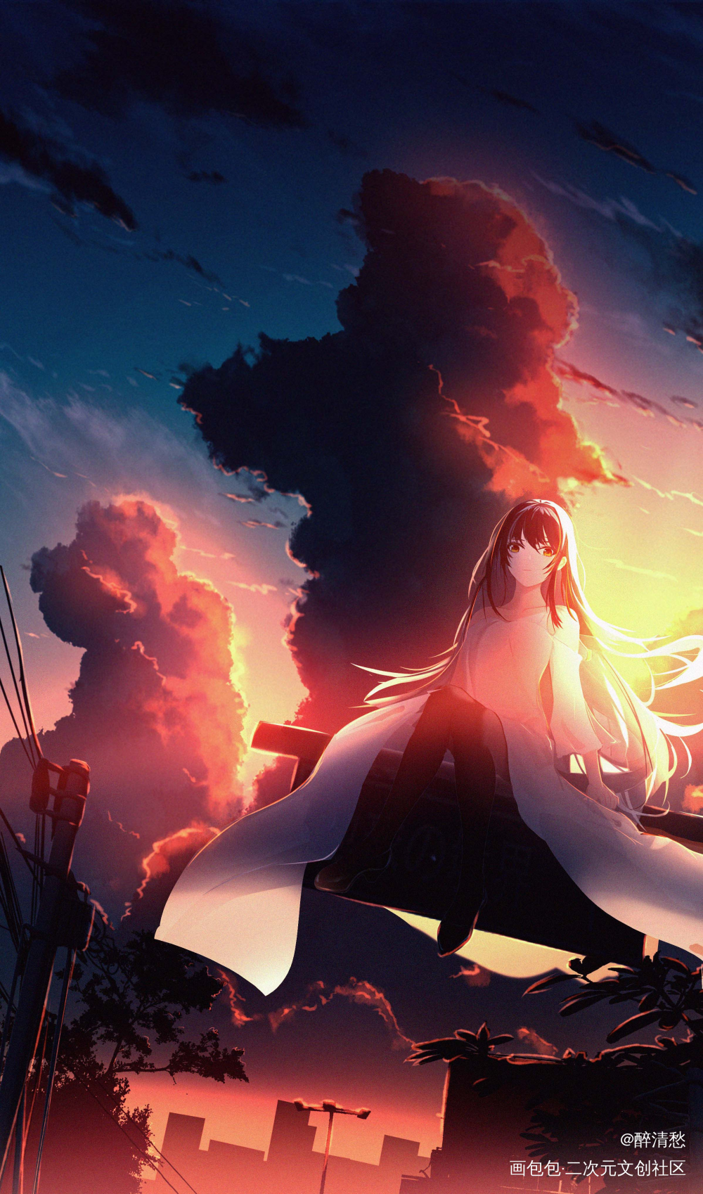 练习_日系云夕阳少女风景原创绘画作品