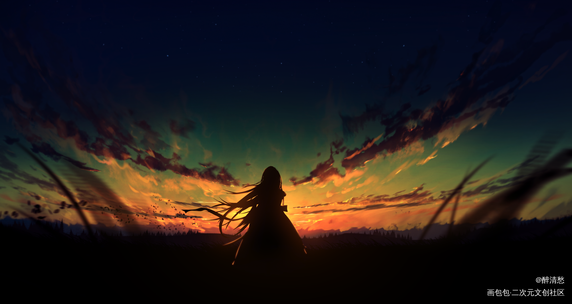 练习_日系夕阳少女风景原创绘画作品