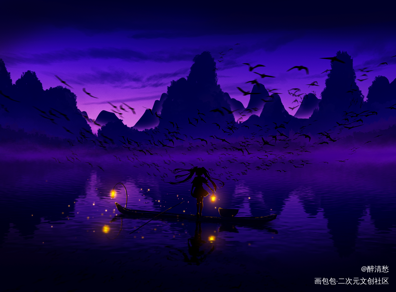 色彩练习_日系夕阳少女同人风景初音miku绘画作品