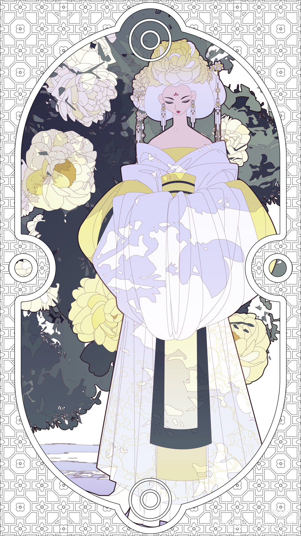 四月牡丹_矢量古风唯美卡牌场景插画壁纸绘画绘画作品