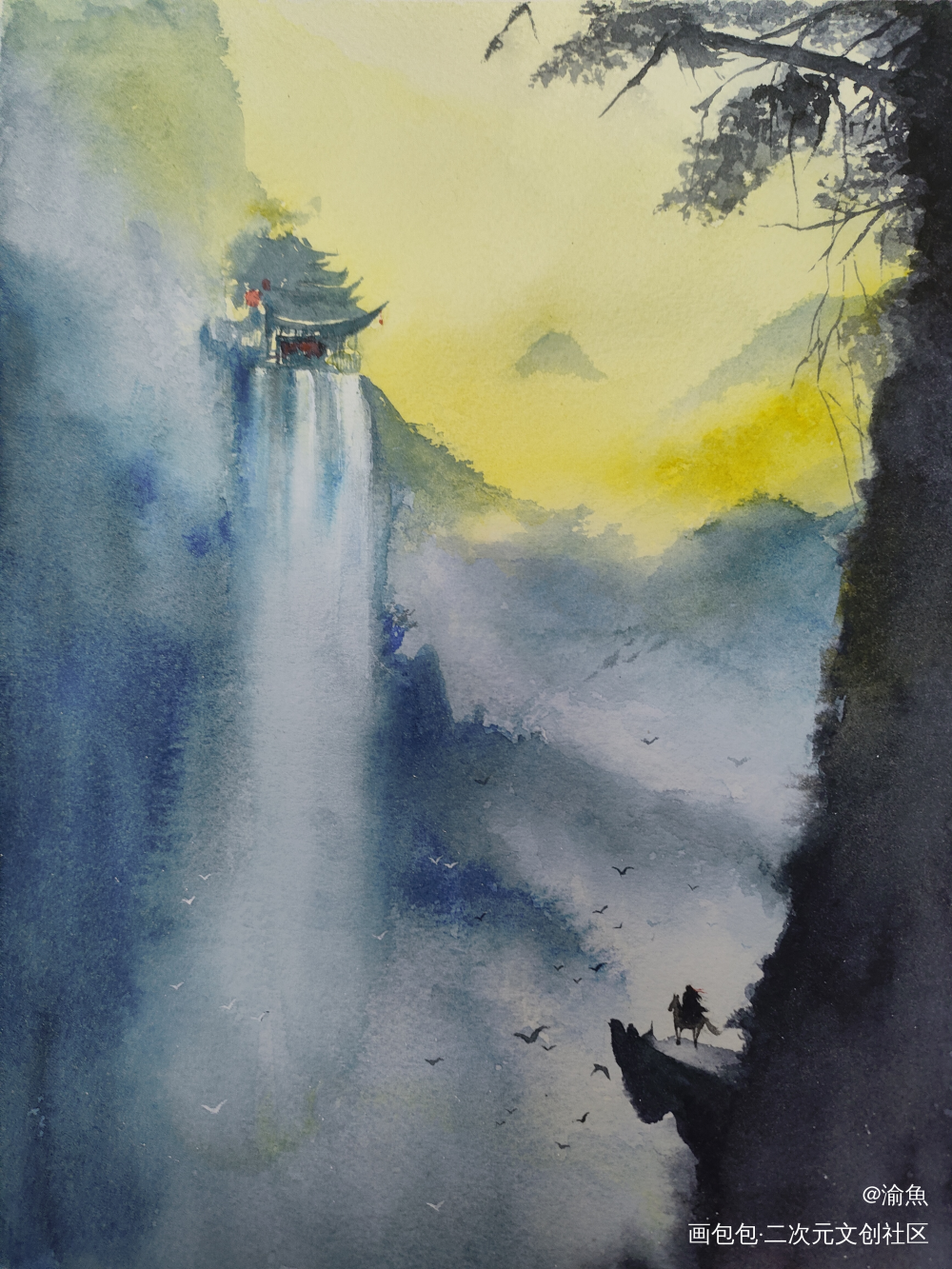 迷你骑驴羡_魔道祖师魏无羡古风水彩场景绘画绘画作品