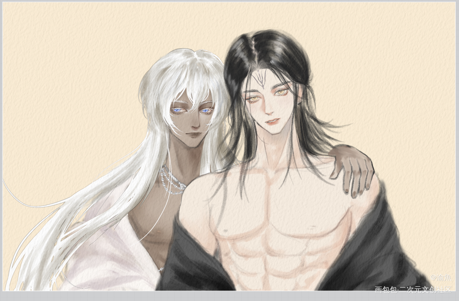 我家的两只猫咪拟人_古风半厚涂水彩原创插画摸鱼板绘绘画oc绘画作品