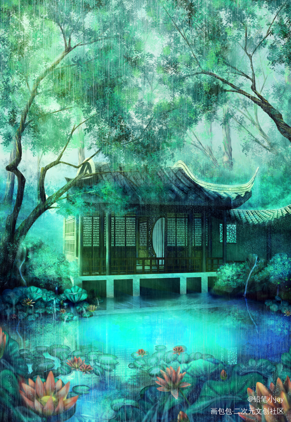 红莲水榭——夏霂_二哈和他的白猫师尊燃晚墨燃楚晚宁绘画作品