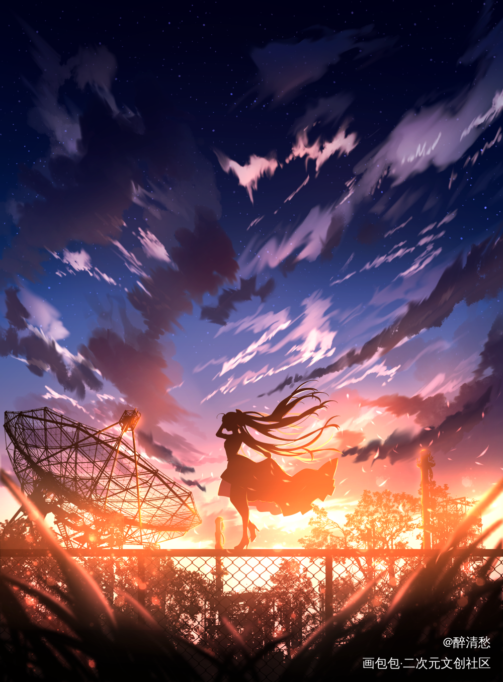 练习_miku日系夕阳少女同人风景初音miku绘画作品