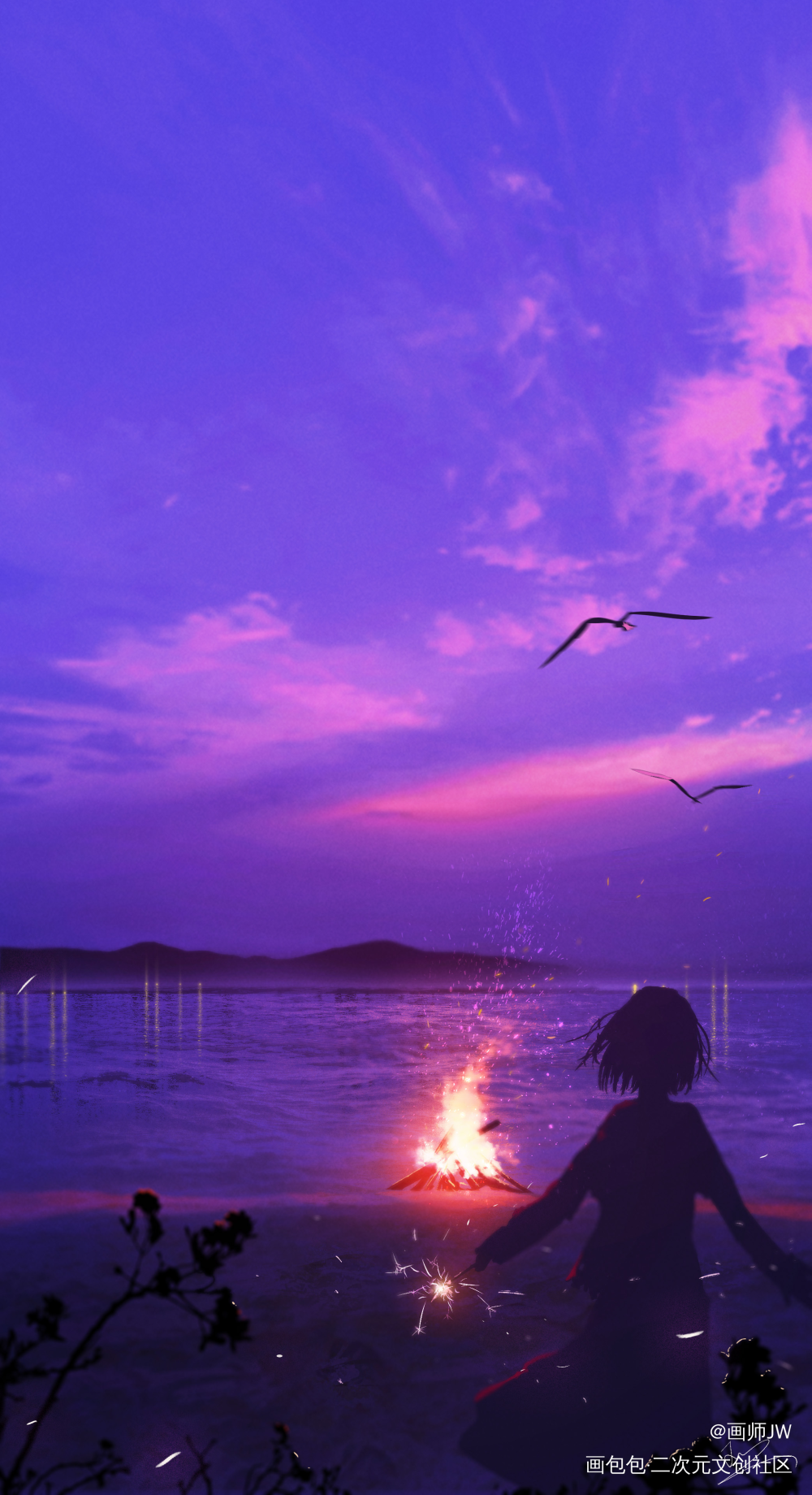 孤独而浪漫_手绘厚涂插画孤寂少女风景板绘插画壁纸绘画原创绘画作品